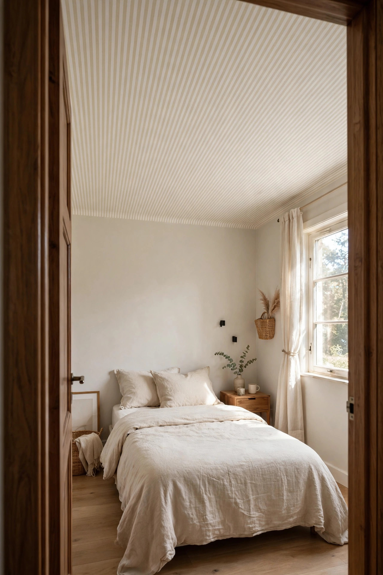 Small bedroom with subtle striped peel and stick wallpaper on the ceiling.