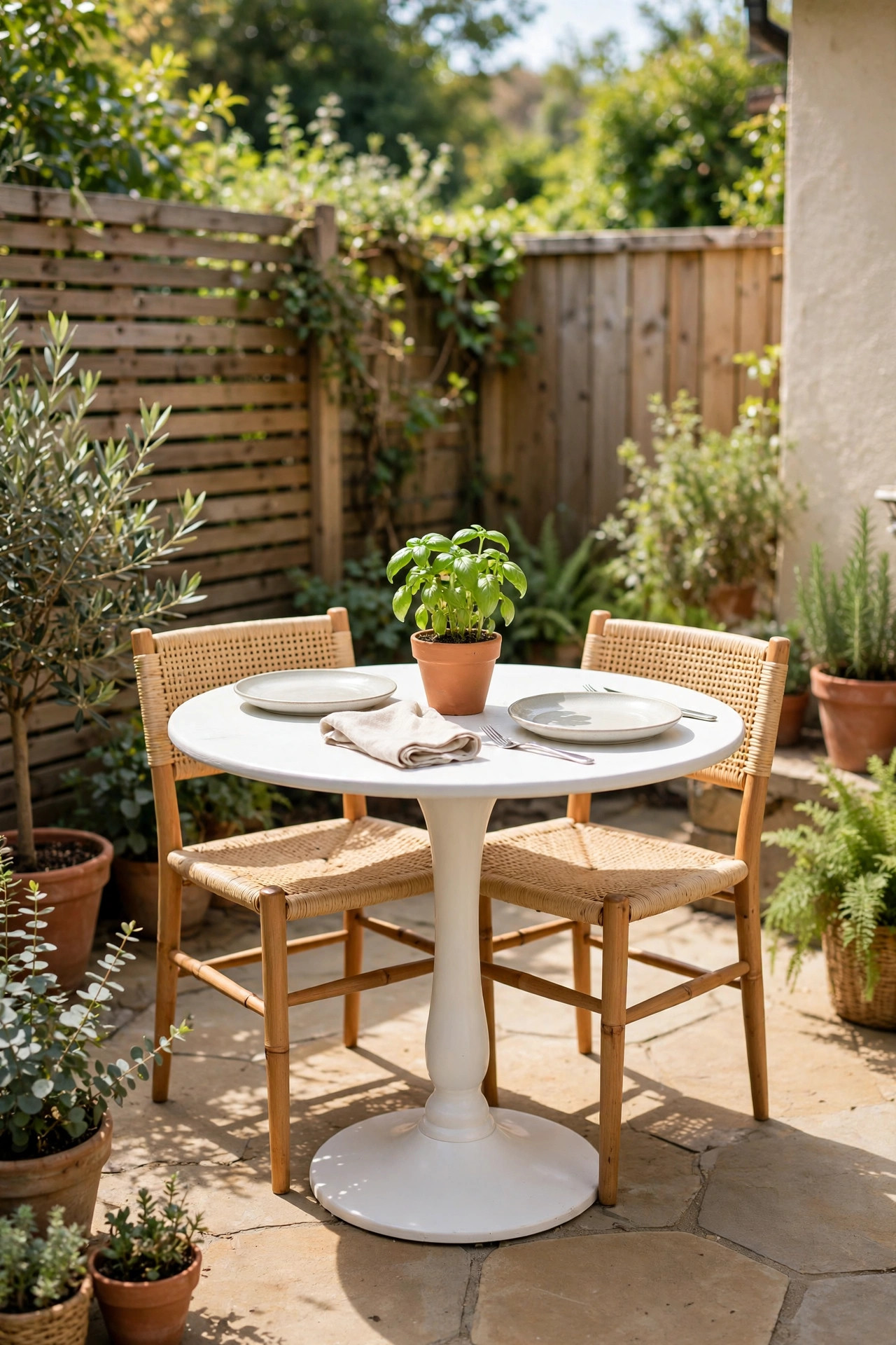 17 Outdoor Dining Ideas for Small Patios 6 White round pedestal dining table on a small patio with two low back chairs tucked fully underneath