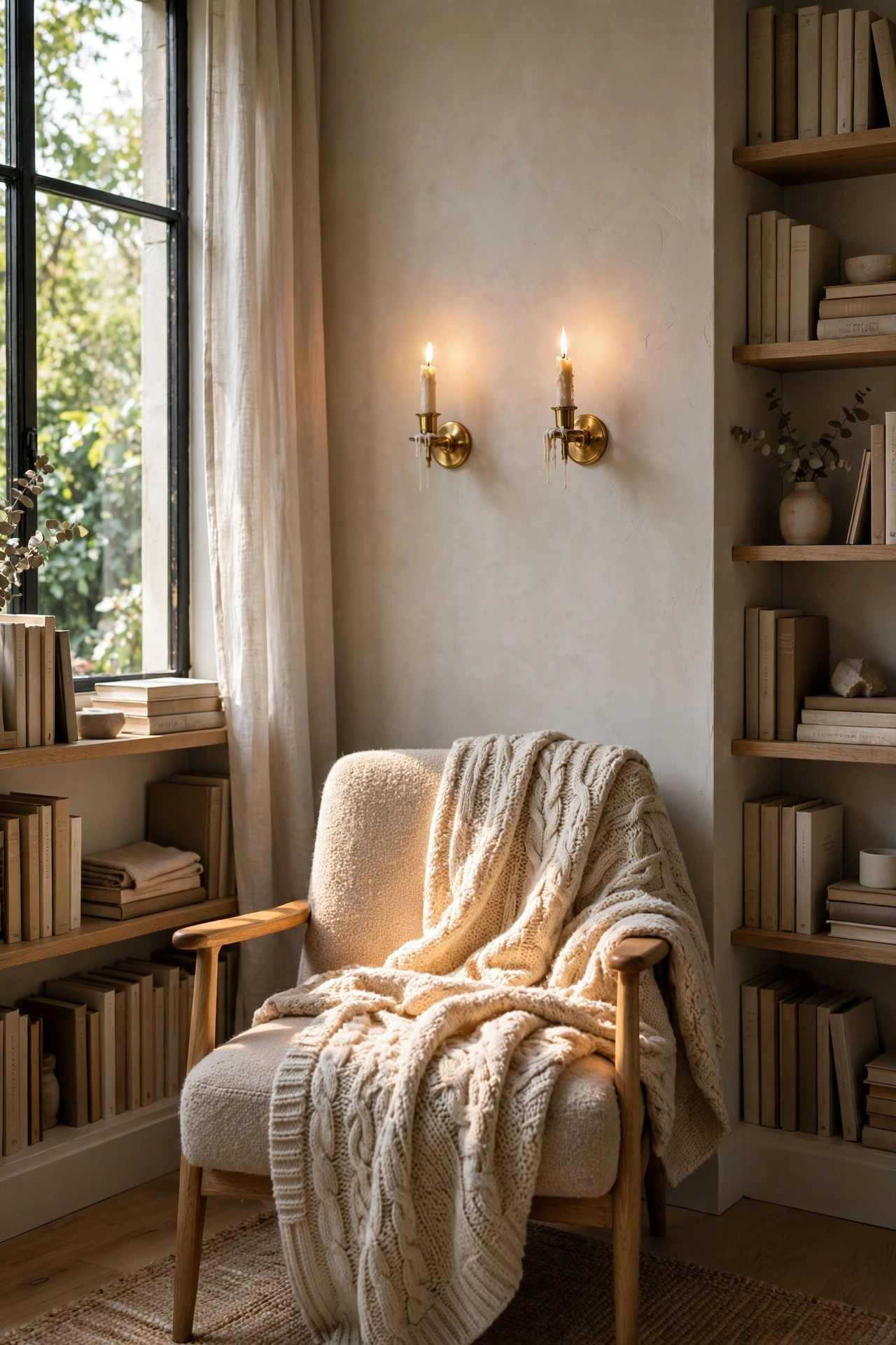 Two brass wall sconces with lit taper candles above a cozy reading chair
