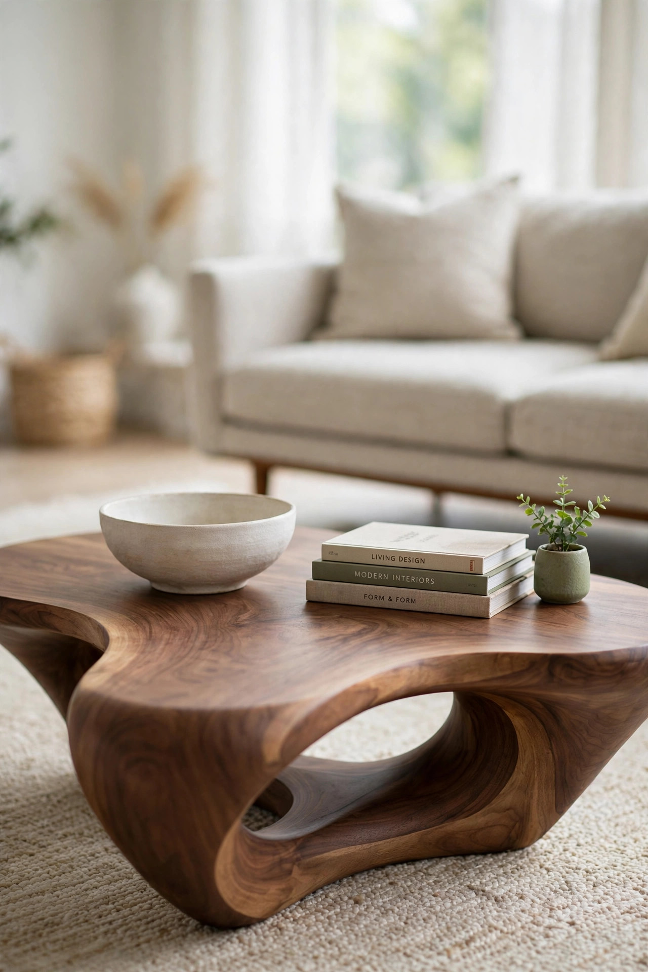 17 Mid-Century Modern Living Room Ideas That Still Feel Fresh 6 Sculptural walnut coffee table styled with a ceramic bowl and design books