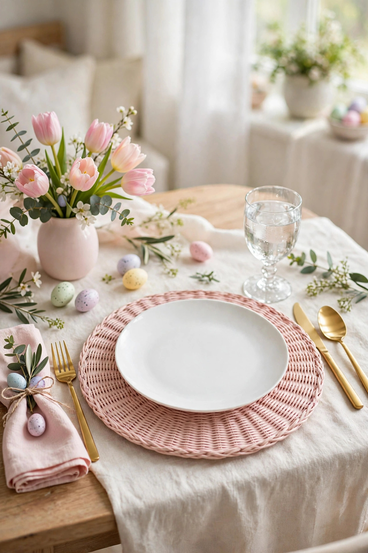 White dinner plate set on a blush pastel charger