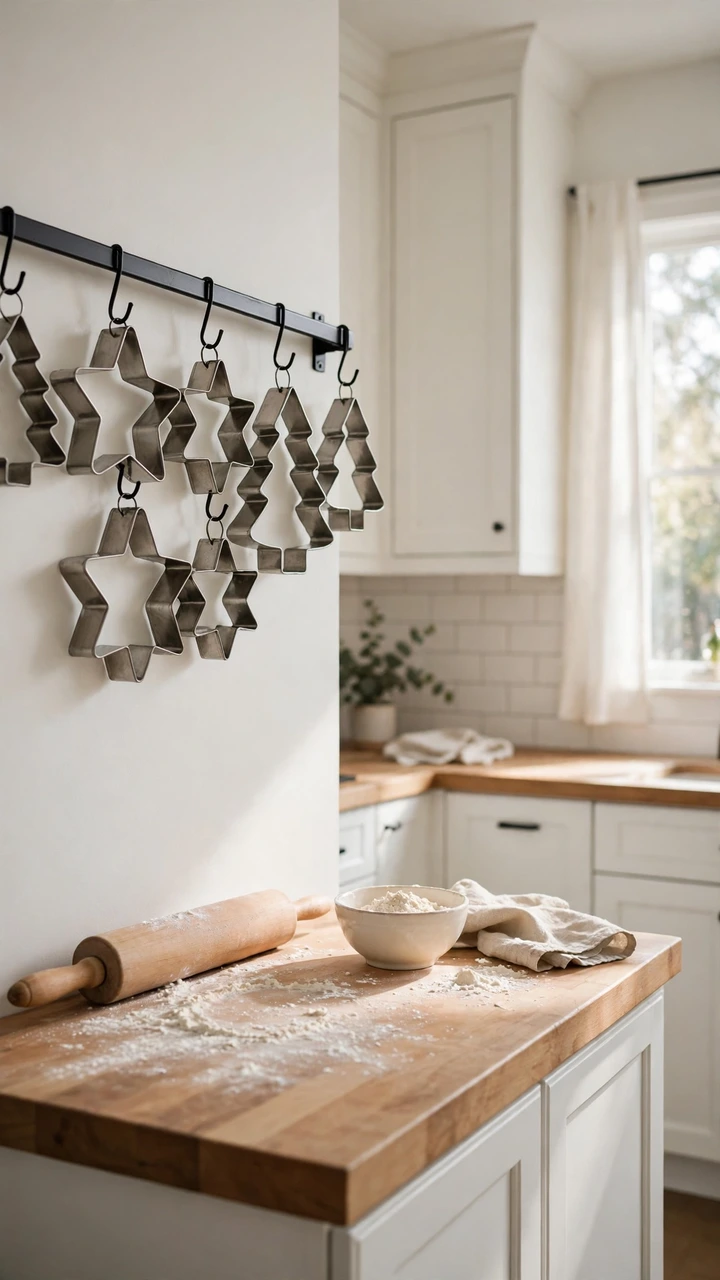 Metal star and tree shaped cookie cutters hanging from a black rail above a prep counter with a rolling pin and a bowl of flour.