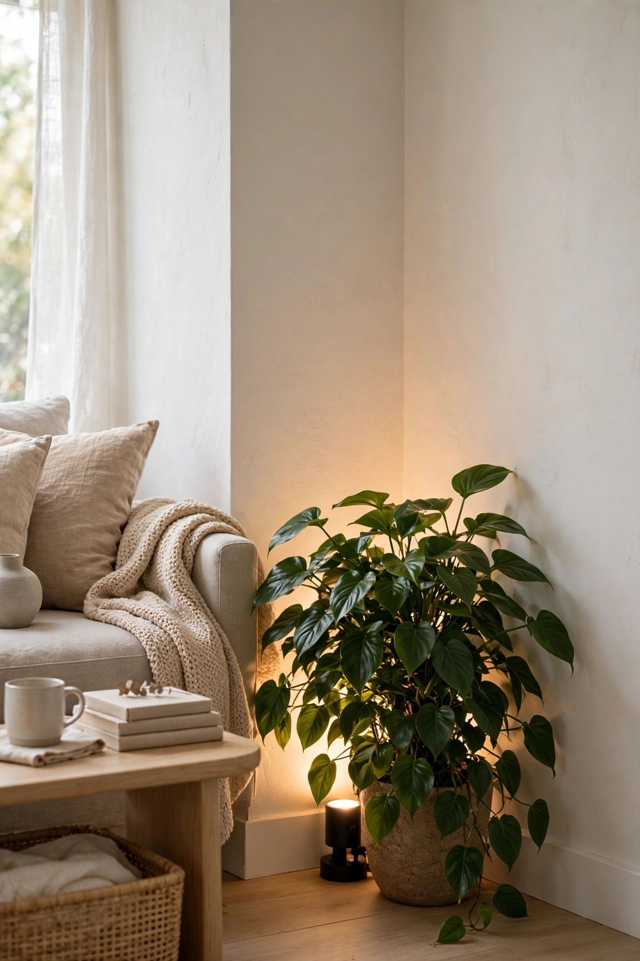 A small black uplight can lamp hidden behind a leafy houseplant, washing warm light up the corner walls.