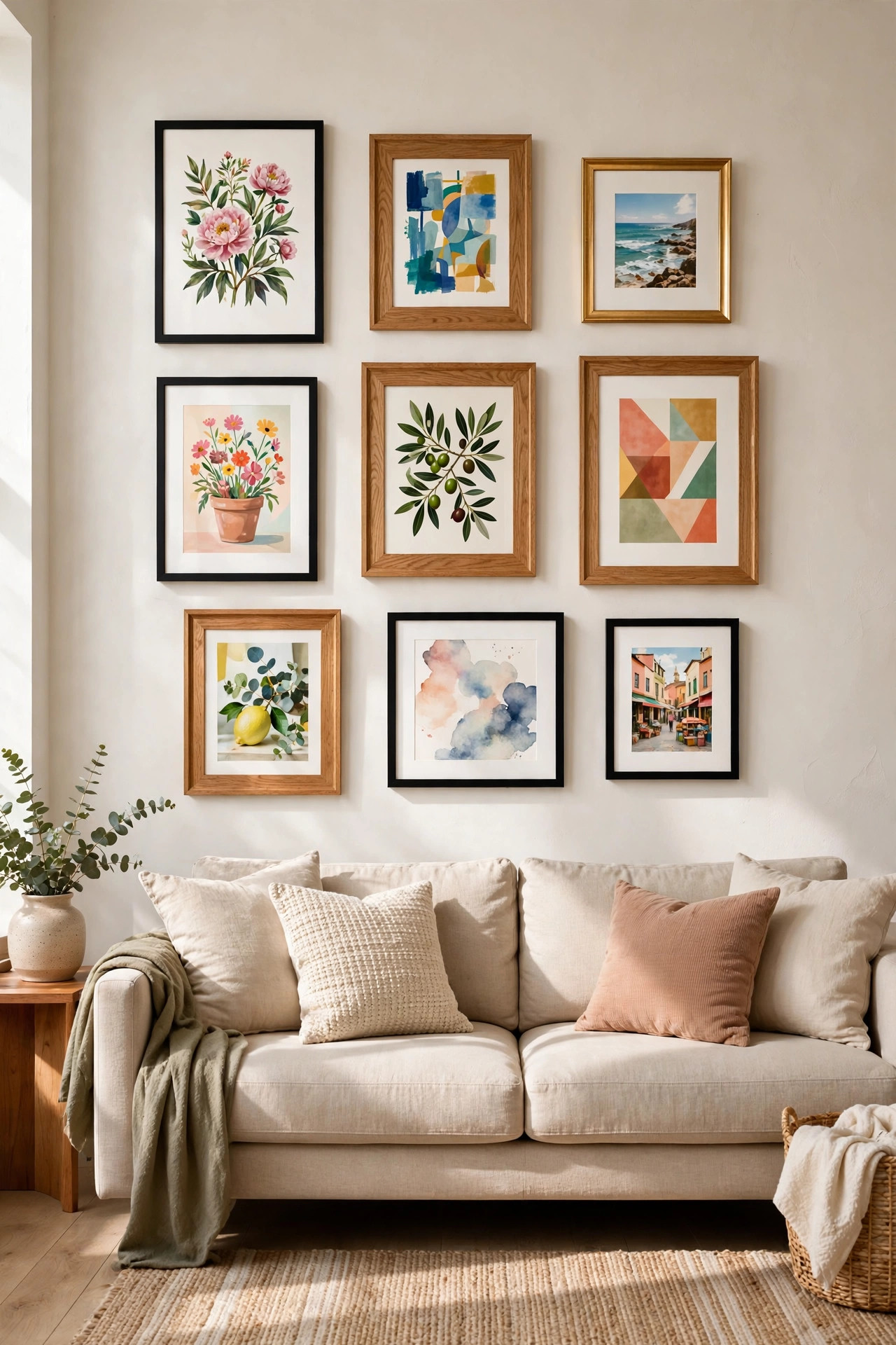 Gallery wall of framed art prints hung with adhesive strips above a living room sofa