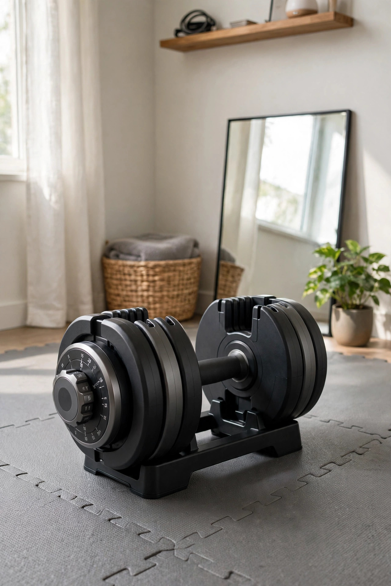 17 Small Home Gym Ideas That Fit in Any Corner 7 Adjustable dumbbells on a small cradle in a living room gym corner