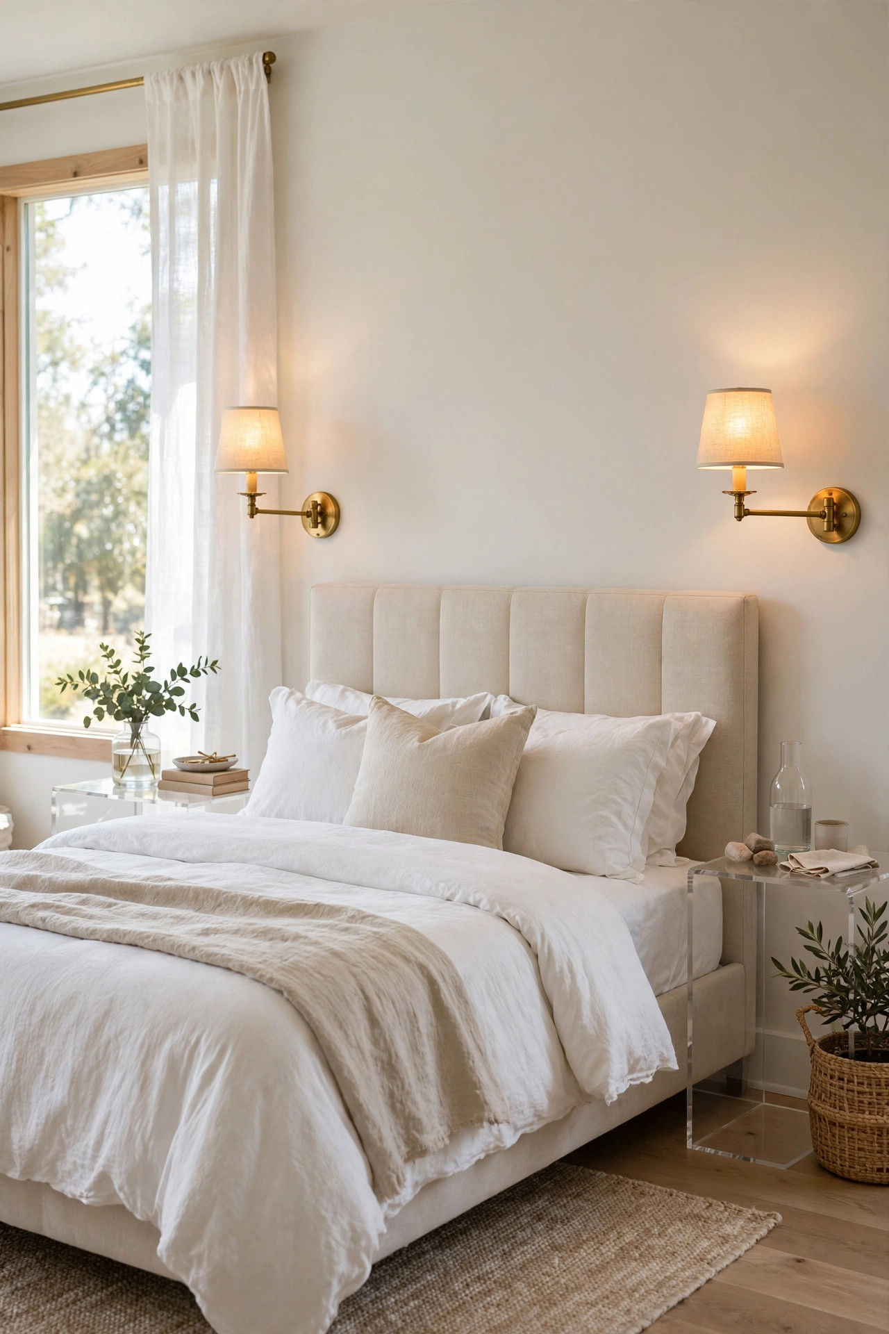 17 Art Deco Bedroom Ideas With a Modern Twist 7 Two brass swing arm sconces with linen shades glowing beside a bed with white bedding.