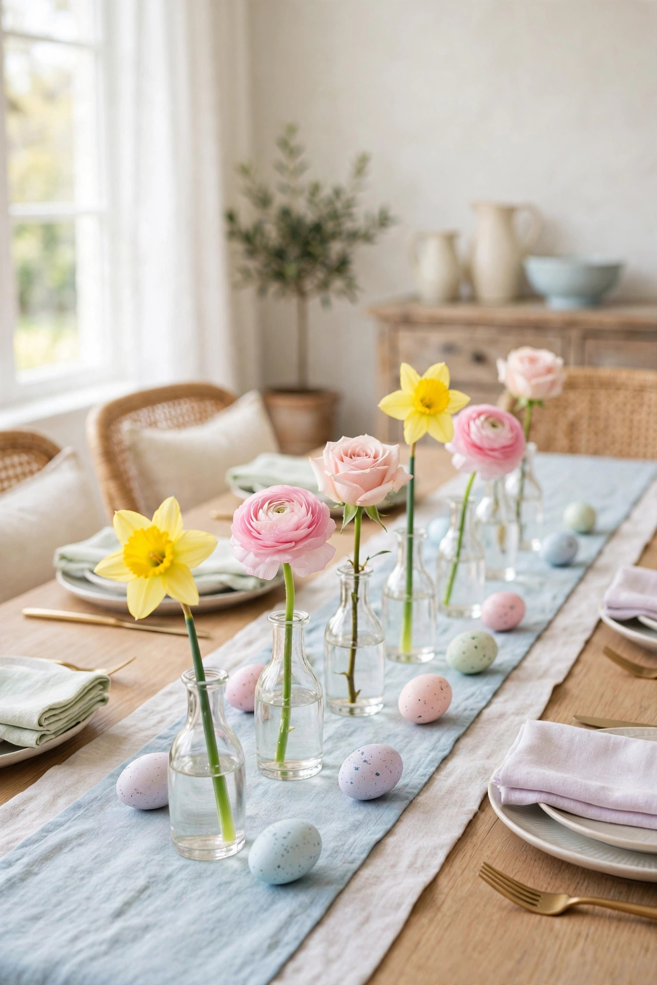 Small bud vases with single spring stems lined down a table