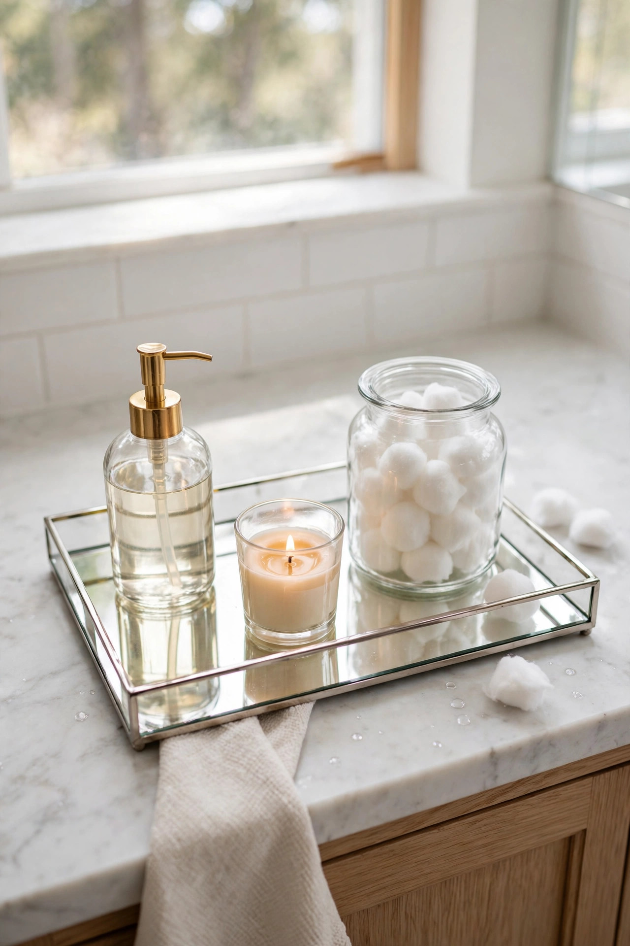 19 Dollar Store Decor Ideas That Look Way More Expensive 7 Mirrored vanity tray on a bathroom counter with soap dispenser, small candle and cotton ball jar