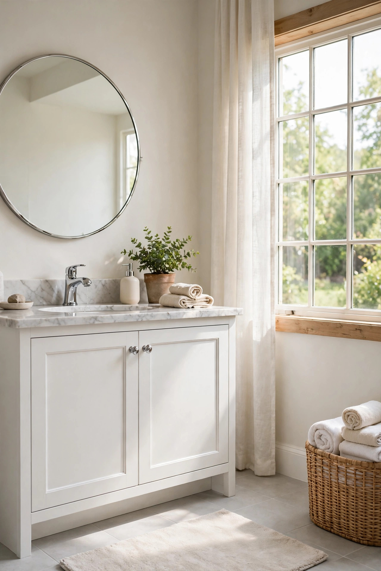 15 Warm White Paint Colors That Work in Every Room 7 Bathroom with soft warm white walls, white vanity, light gray tile, and daylight from a window