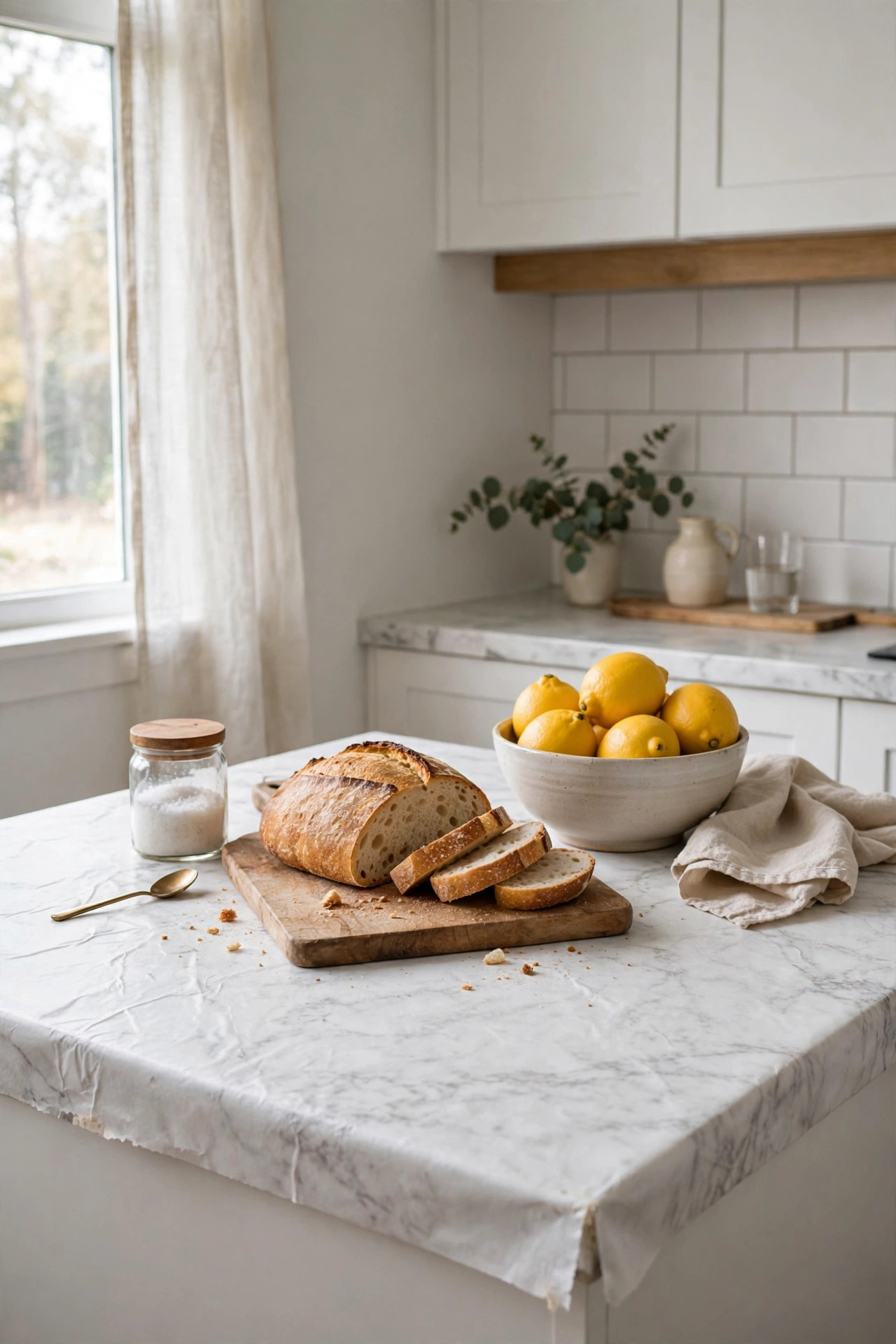 18 Renter-Friendly Kitchen Upgrades That Need Zero Permission 7 Kitchen countertop covered in white marble look contact paper with a cutting board and lemons