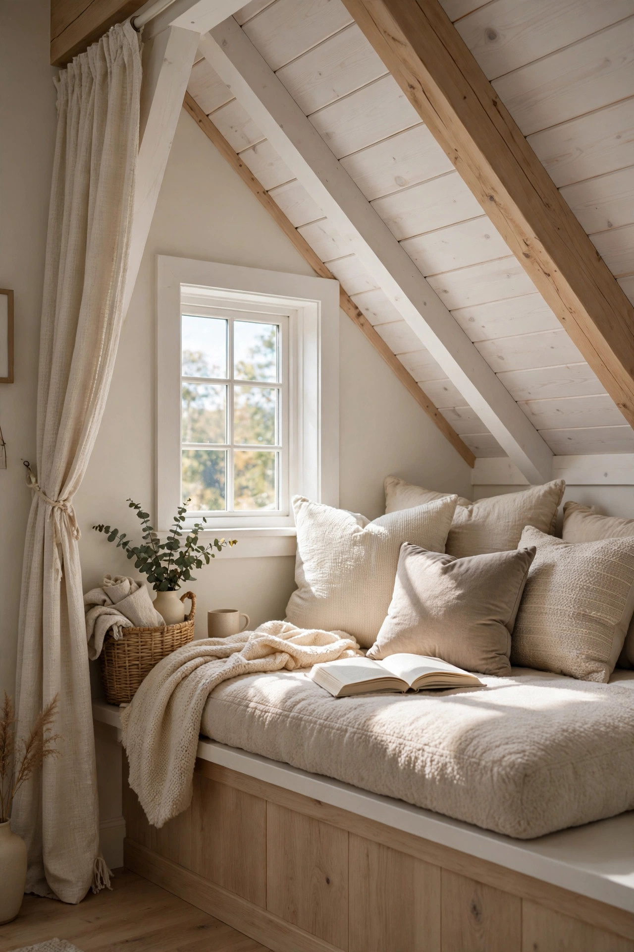Small attic window with a plush cushion and pillows forming a cozy reading nook.