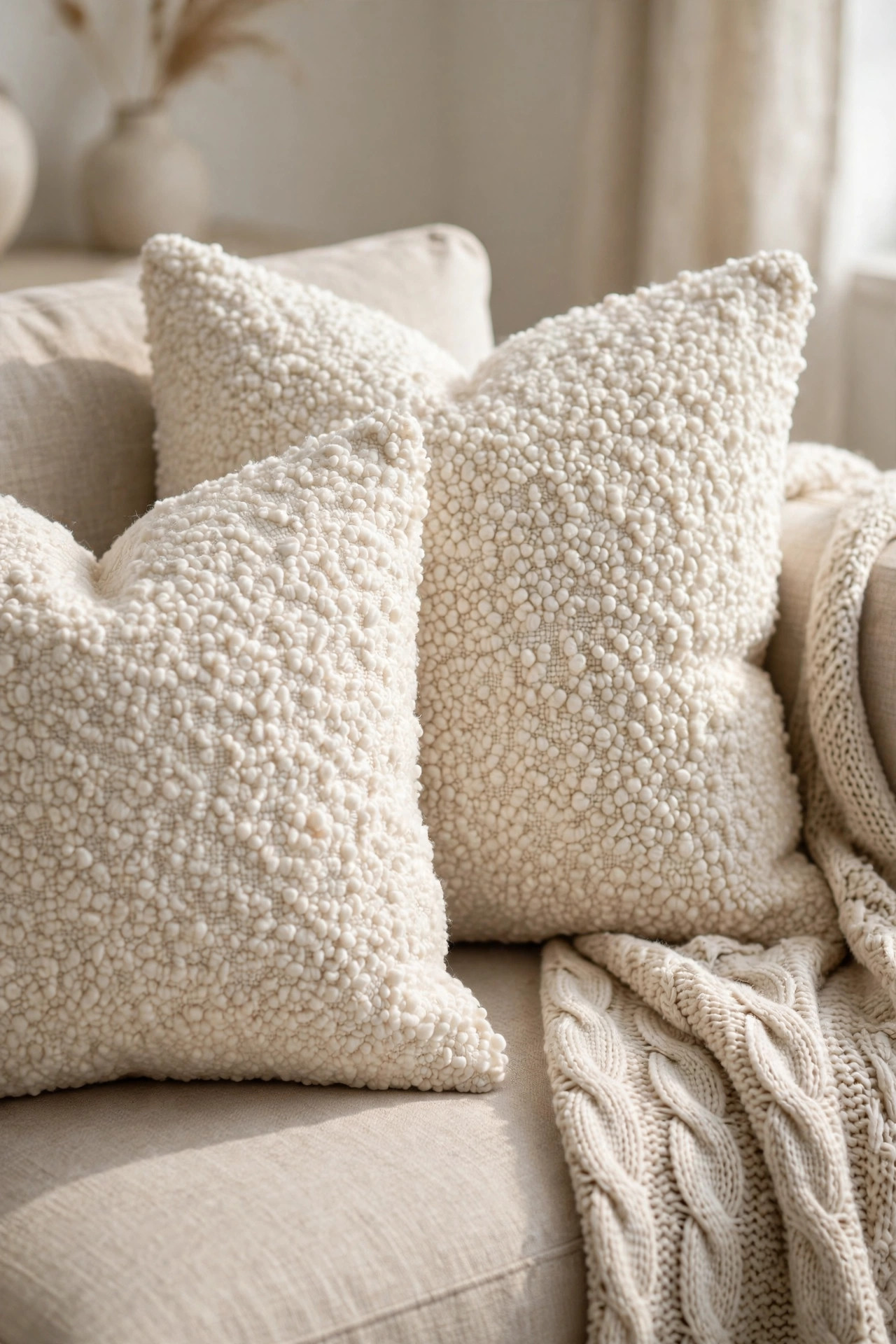 20 Quiet Luxury Home Decor Ideas on a Budget 7 Cream Boucle Throw Pillows