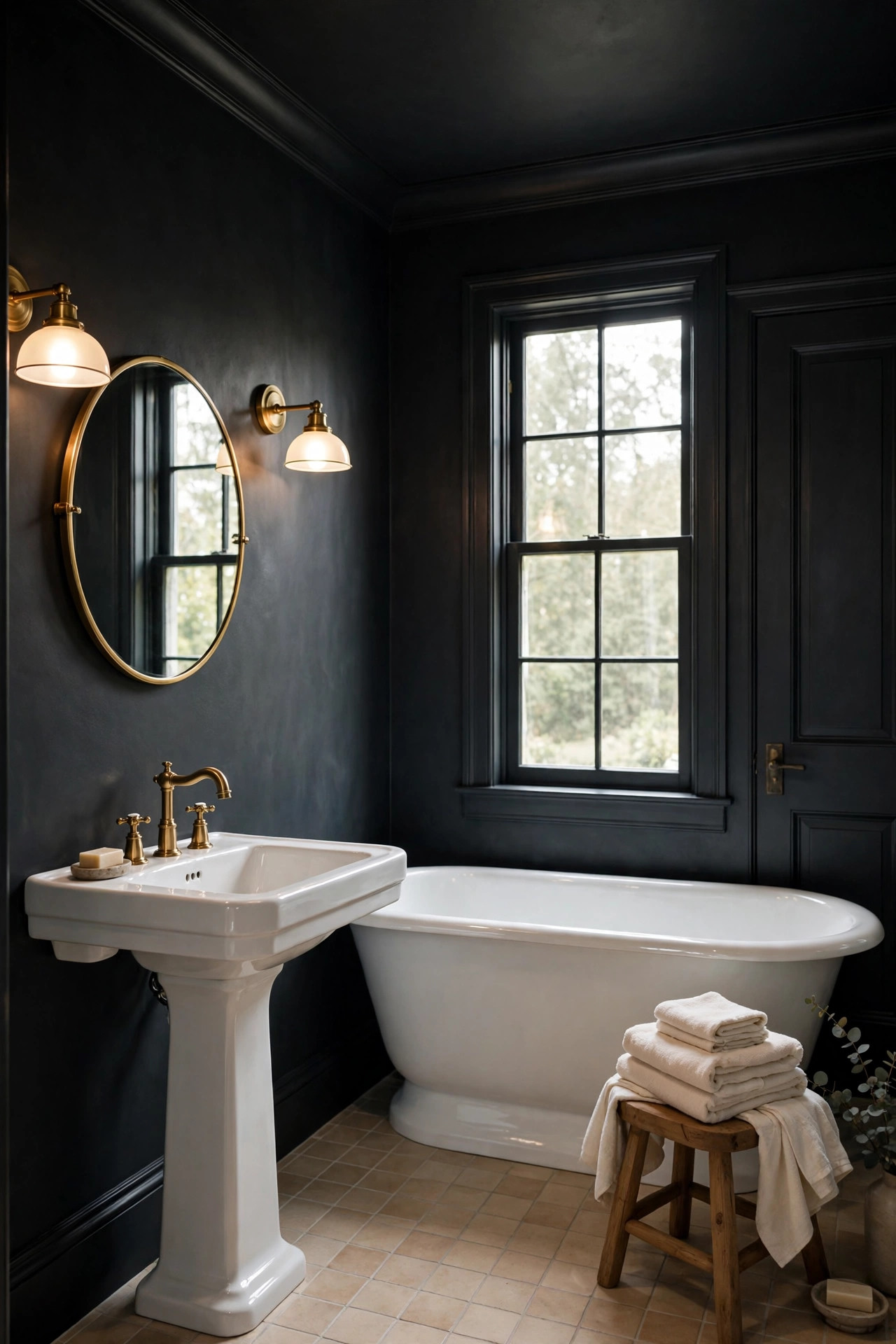 Dark charcoal bathroom with color drenched walls and white fixtures