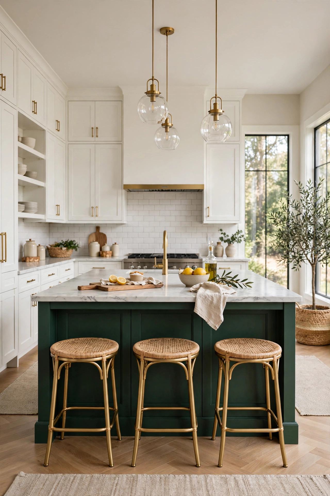 Deep forest green kitchen island with white marble top and brass bar stools.