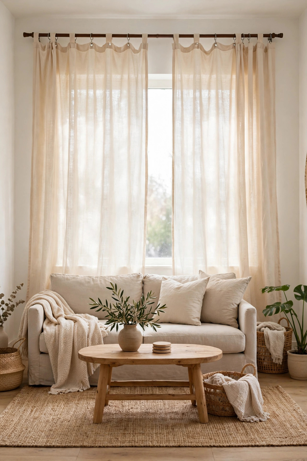 22 Decor Ideas Under $50 That Change Everything 7 Bright living room with natural drop cloth curtains on clip rings