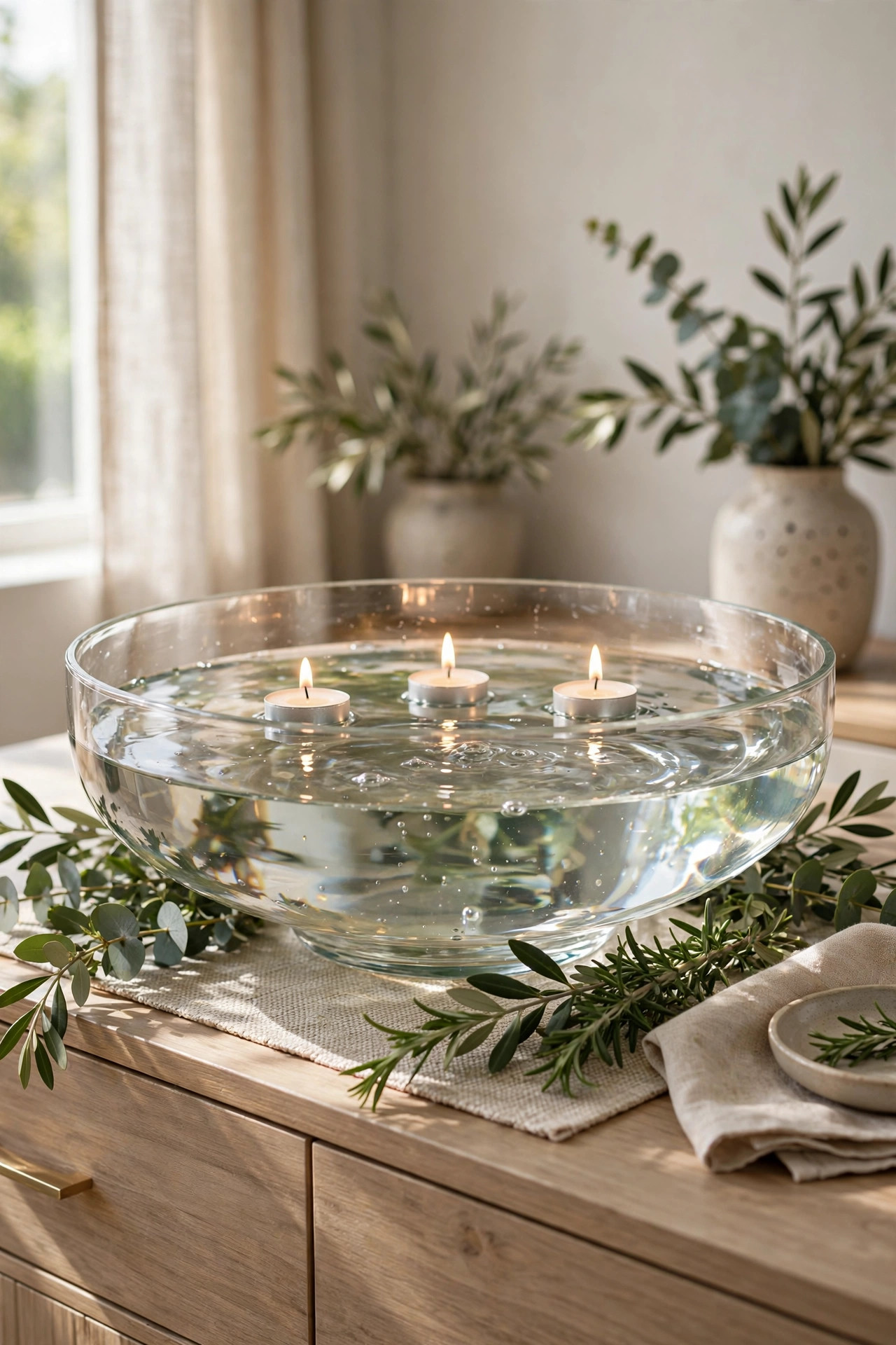 Low glass bowl of water with three floating candles on a sideboard