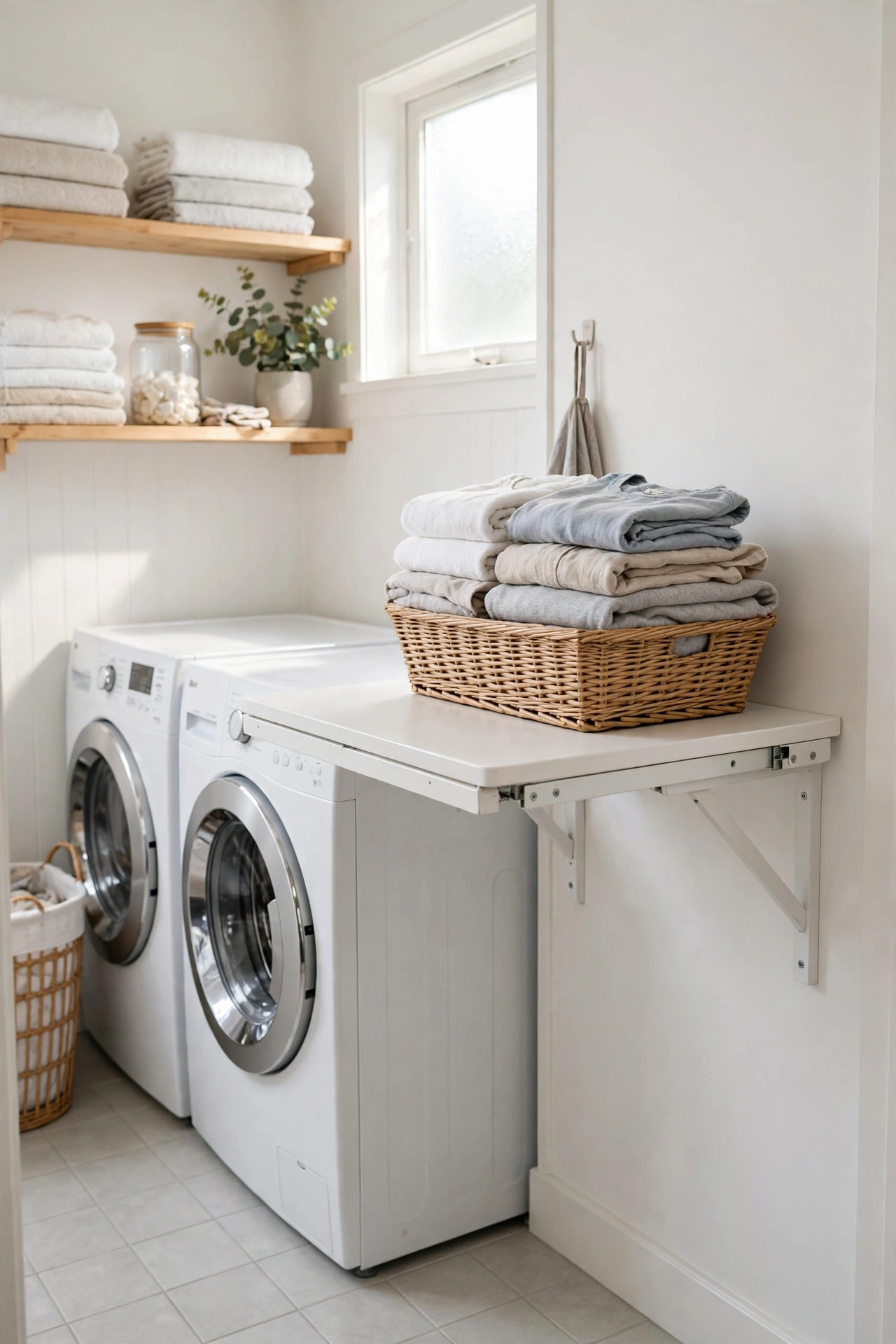 Fold down wall table in laundry room