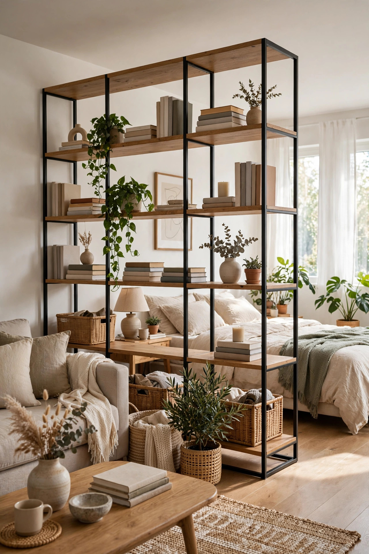 Open bookshelf standing as a divider between sleeping and living areas in a studio.