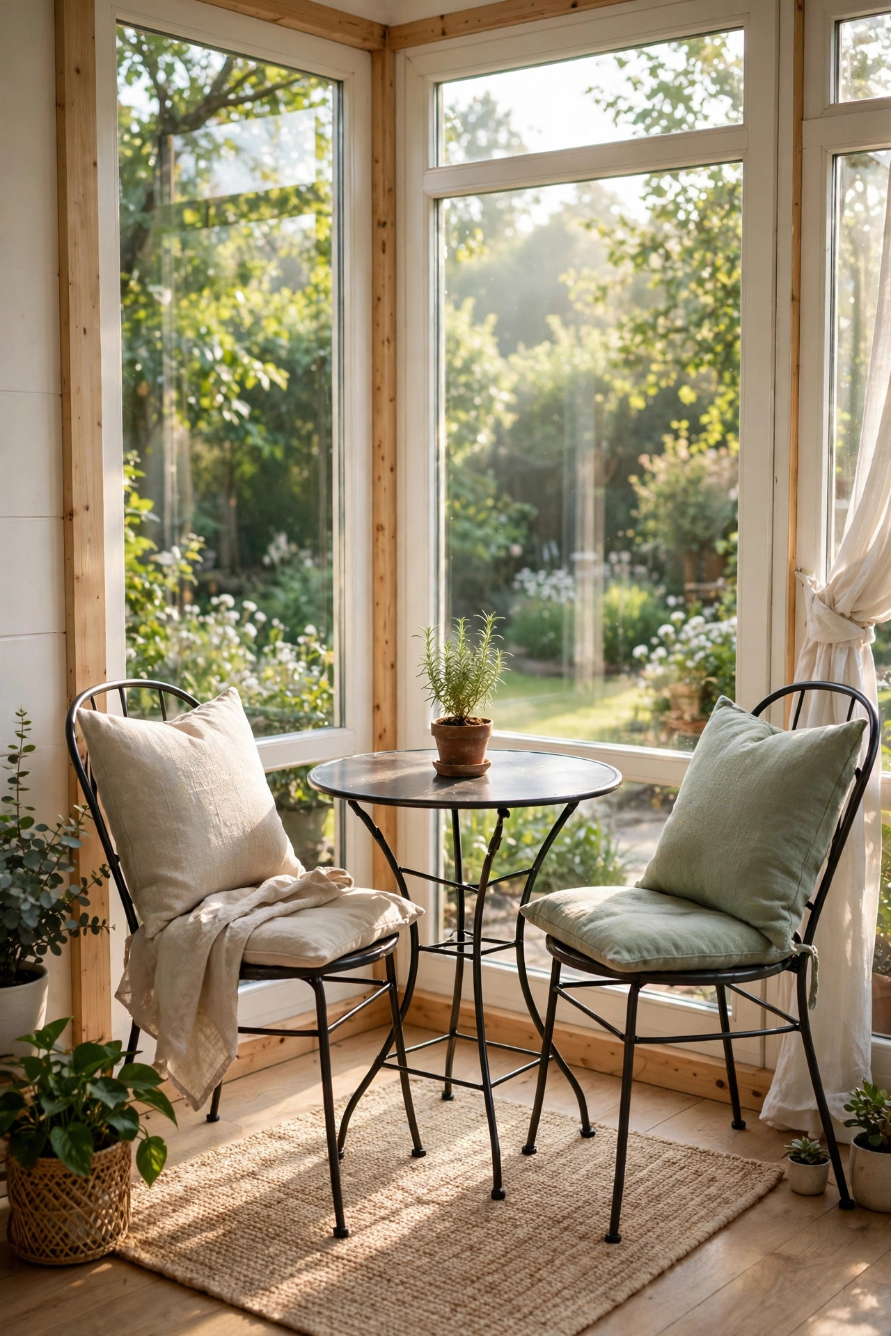 Small metal bistro table with two chairs and potted herb overlooking the garden