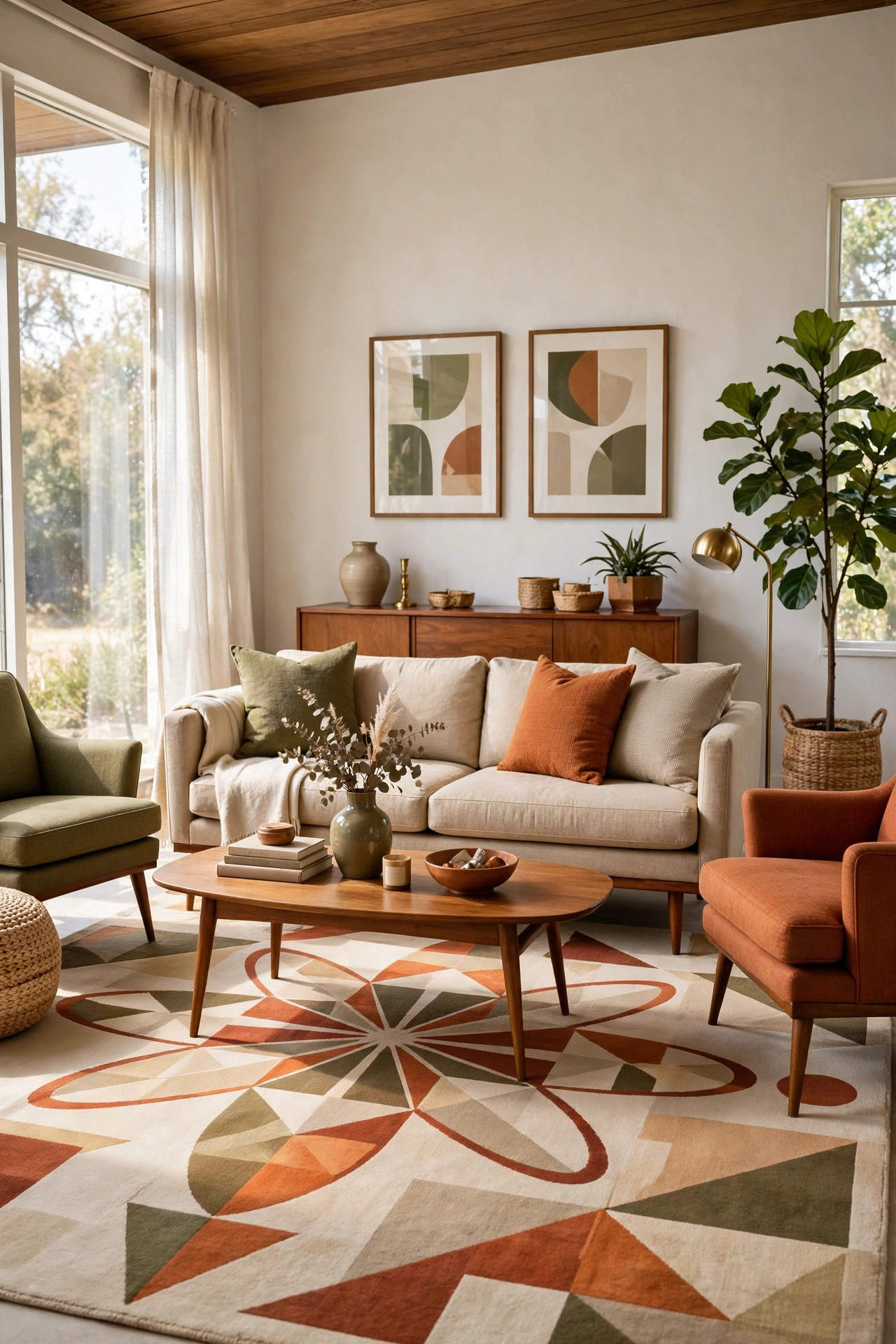 17 Mid-Century Modern Living Room Ideas That Still Feel Fresh 7 Geometric patterned area rug in beige rust and olive under a low sofa
