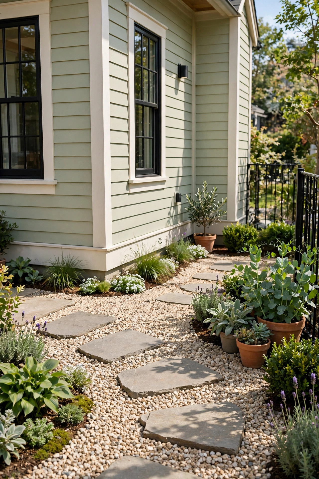 Small Front Yard Landscaping Ideas With Big Impact 7 Pea gravel patch with flat stepping stones in a small front yard.