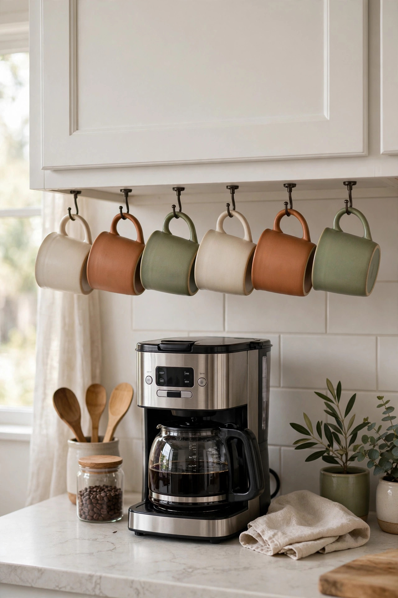 Ceramic mugs hanging from hooks under a white kitchen cabinet above a coffee maker.
