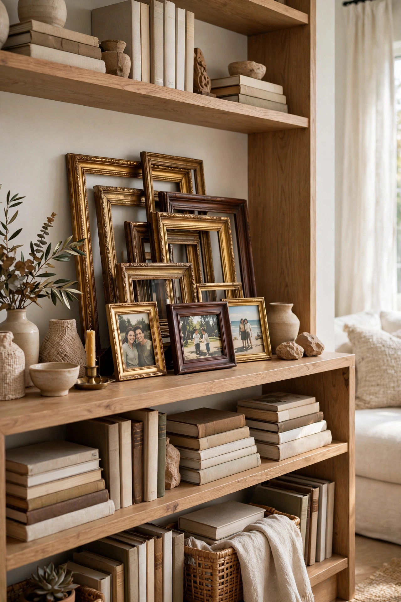 Layered antique picture frames in gold and wood tones with small family photos on a shelf