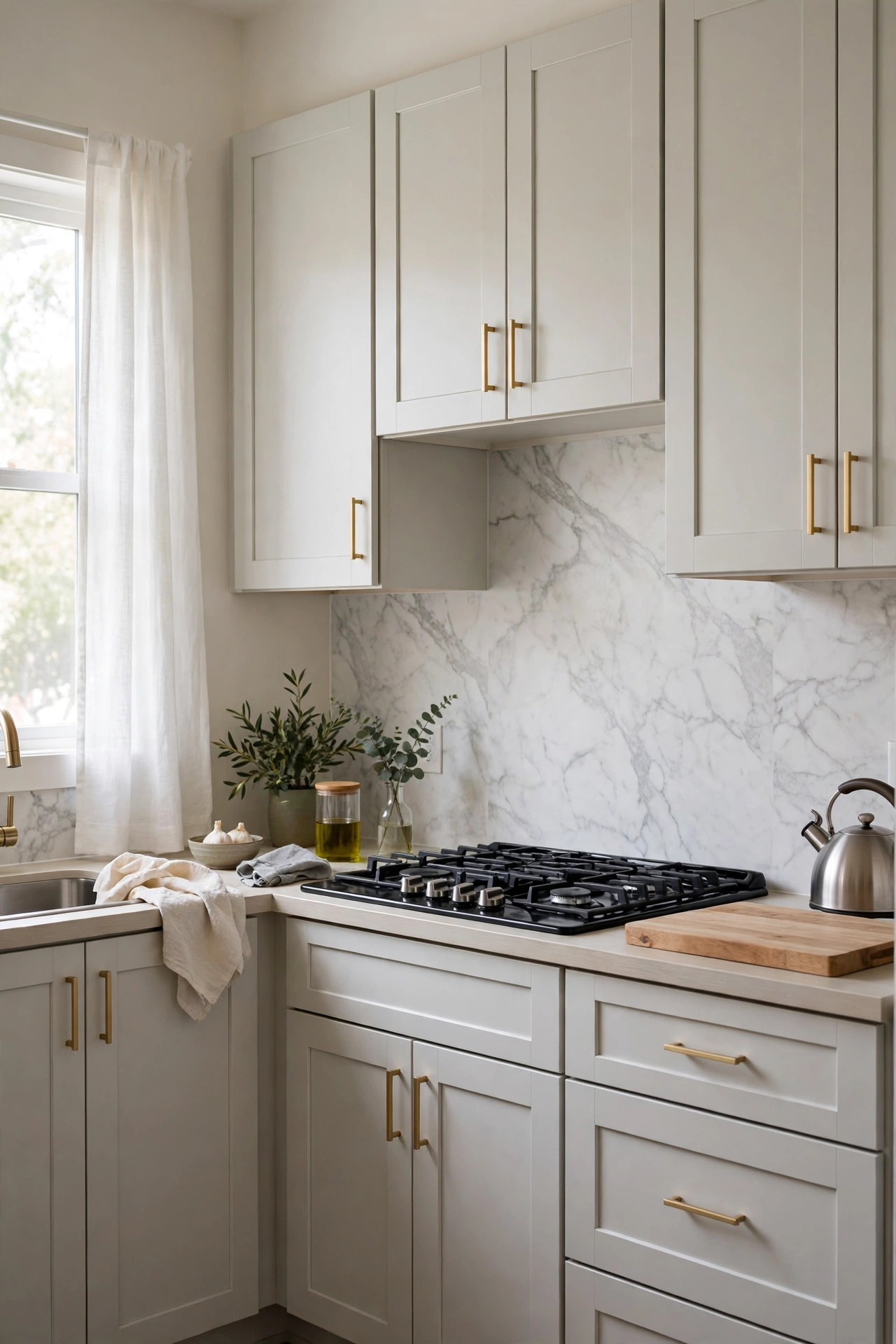 Rental kitchen with marble look peel and stick wallpaper backsplash.