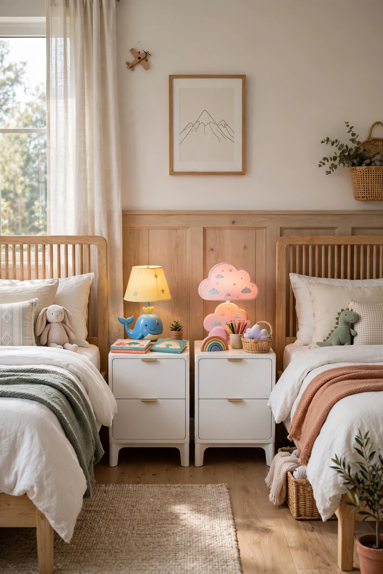 Two matching nightstands with different colorful lamps in a kids bedroom.