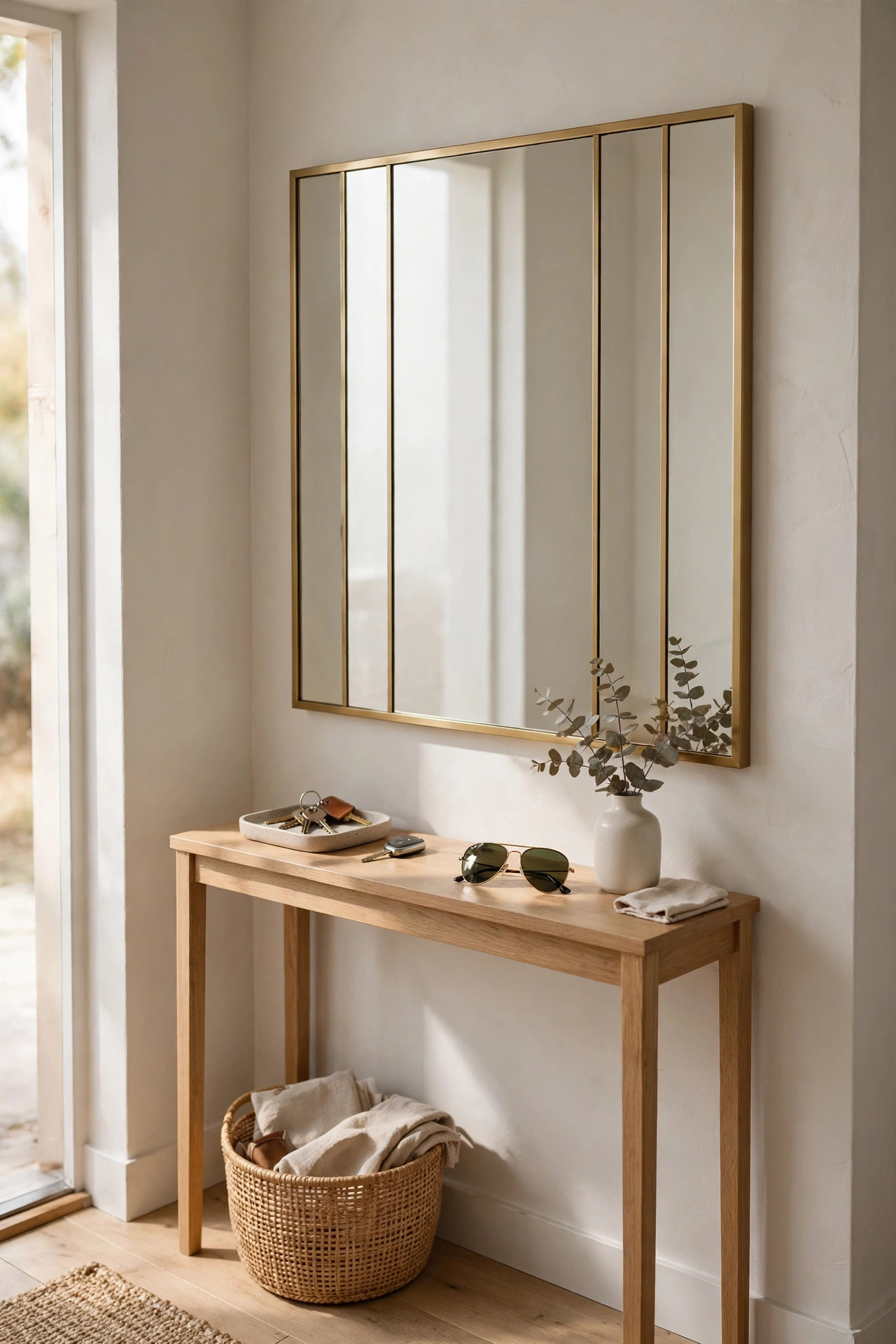 Mirrored backsplash tile behind a key tray on a small entryway table