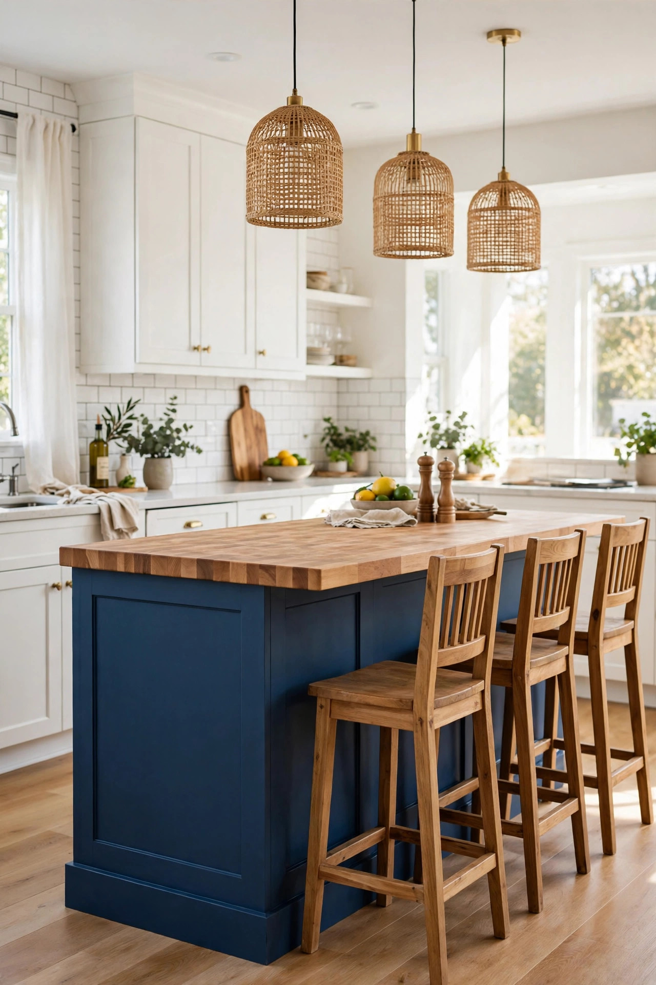 Blue kitchen island with wood top