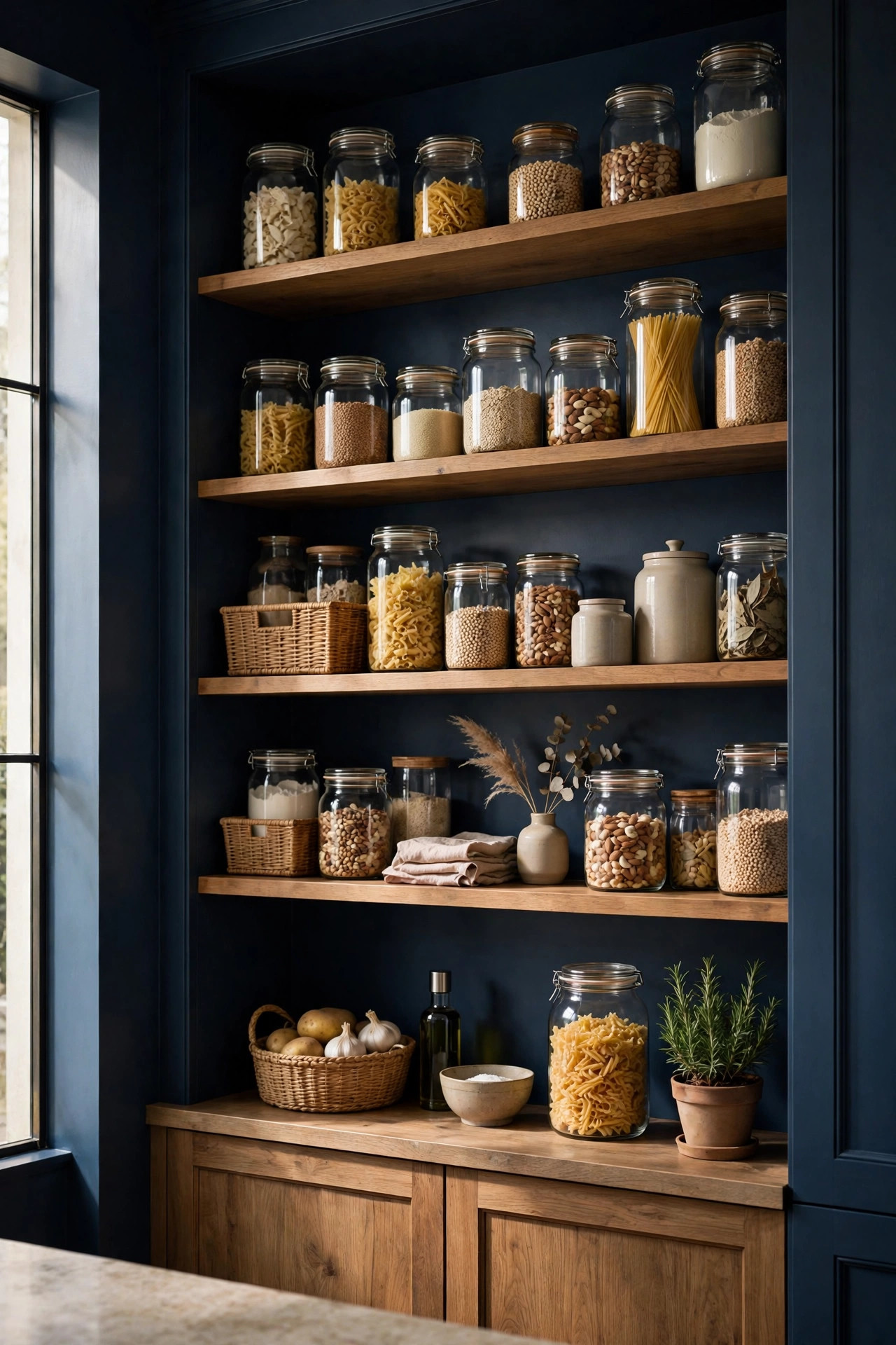 Moody navy pantry wall with wooden shelves stocked with glass jars.