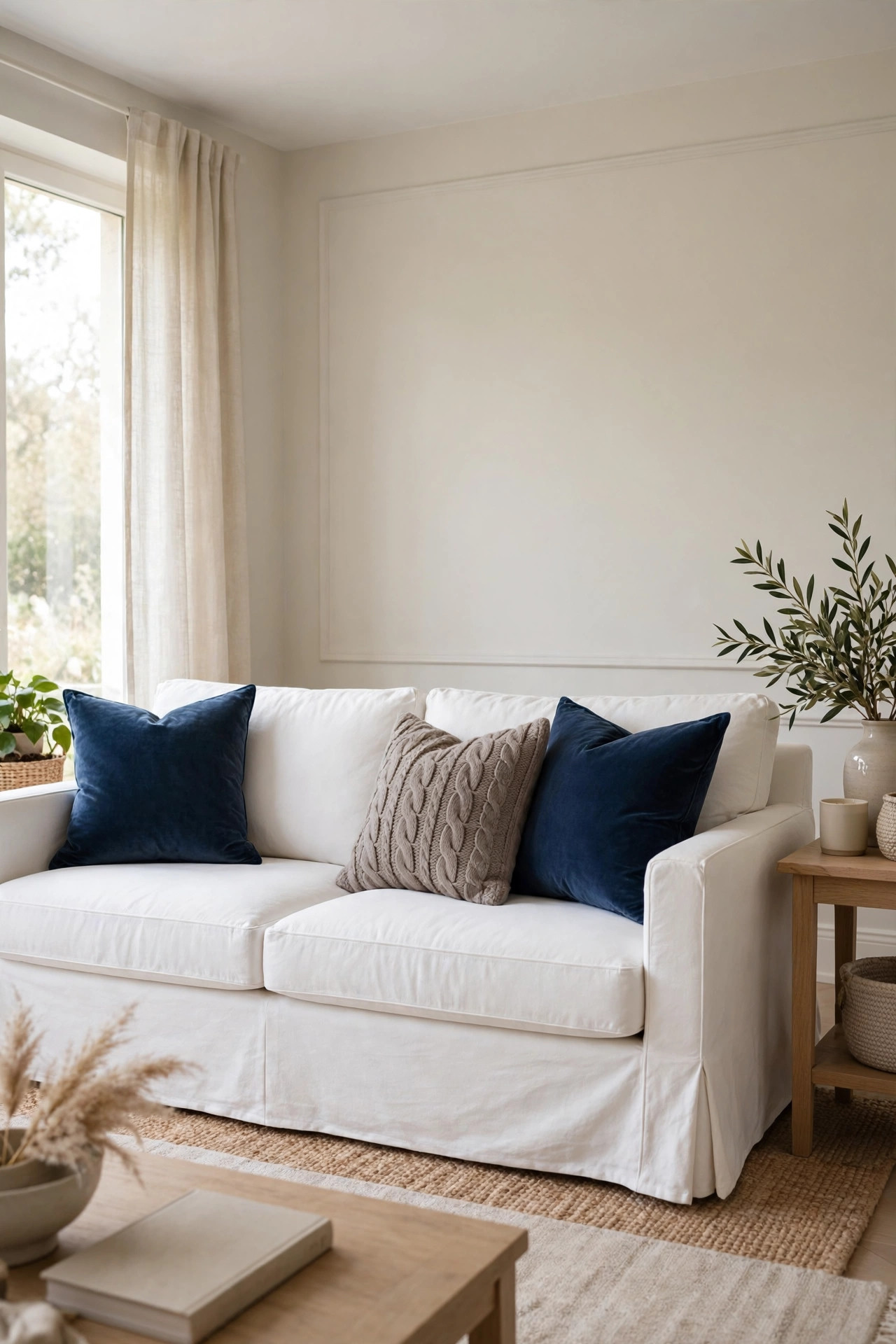 White slipcovered sofa styled with navy blue velvet pillows and a taupe knit pillow in the middle