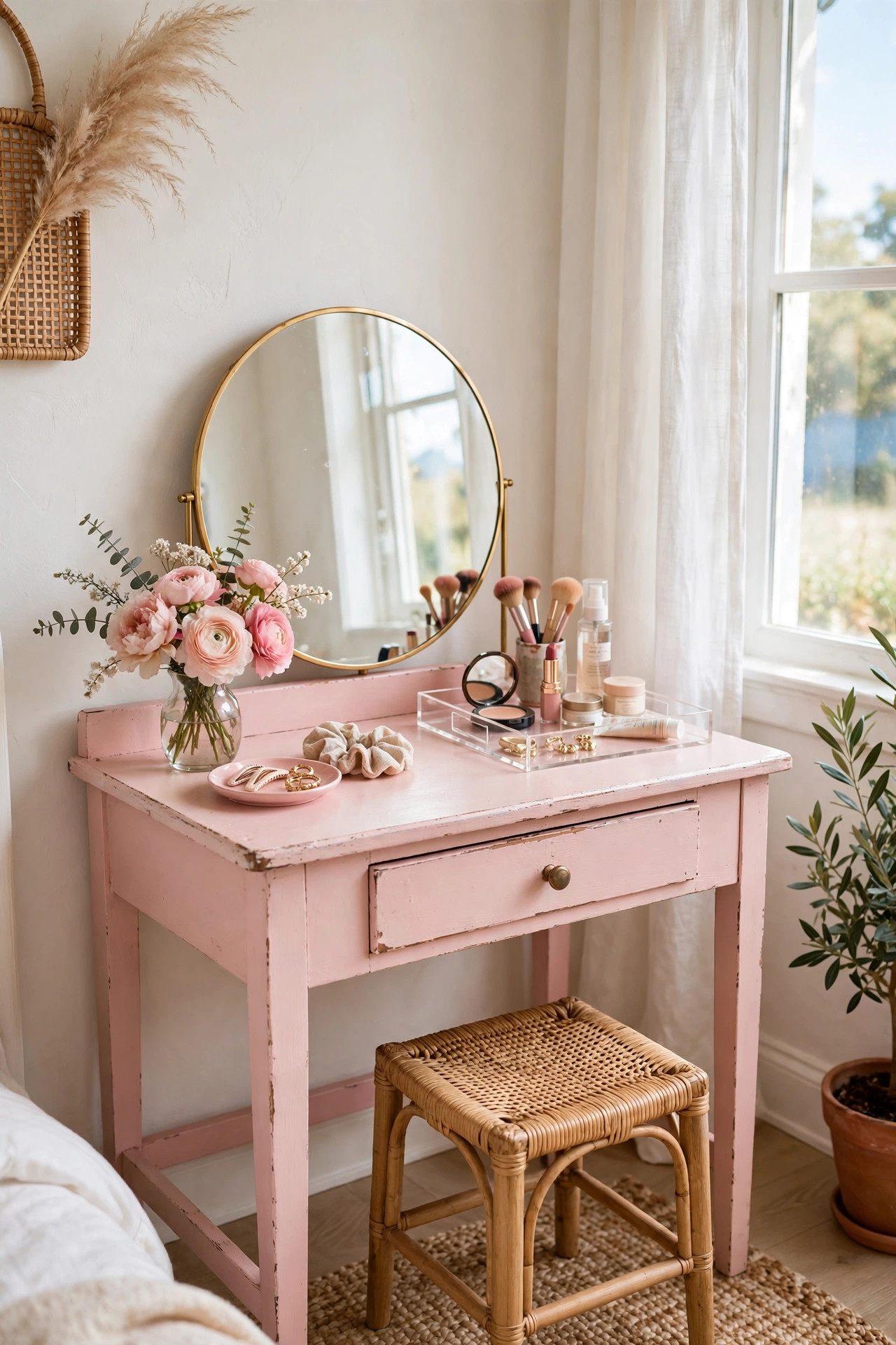 15 Thrift Store Furniture Flips Worth Trying 7 A blush pink desk turned into a vanity with a round mirror in a bright bedroom