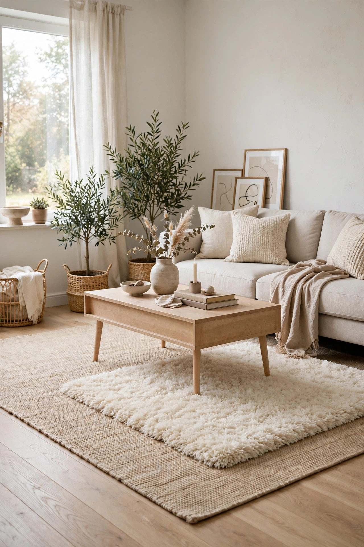 Cozy Winter Home Decor Ideas for After the Holidays 7 Living room with a plush cream high pile area rug layered under a wooden coffee table on light wood floors