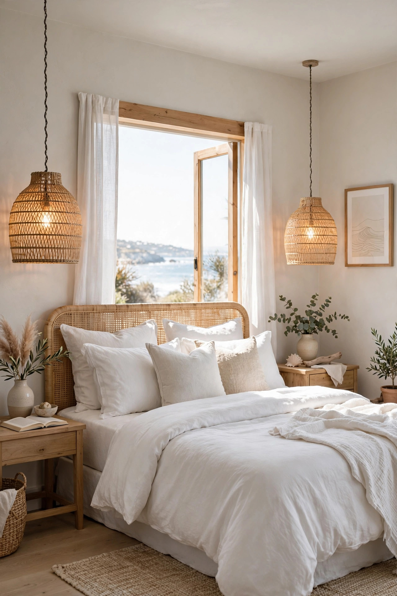 18 Coastal Bedroom Ideas Without the Cliches 7 Two woven rattan pendant lights hanging over the sides of a bed