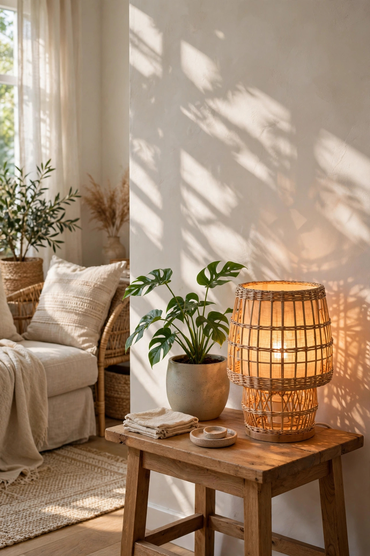 Woven rattan table lamp glowing warm on a wooden side table