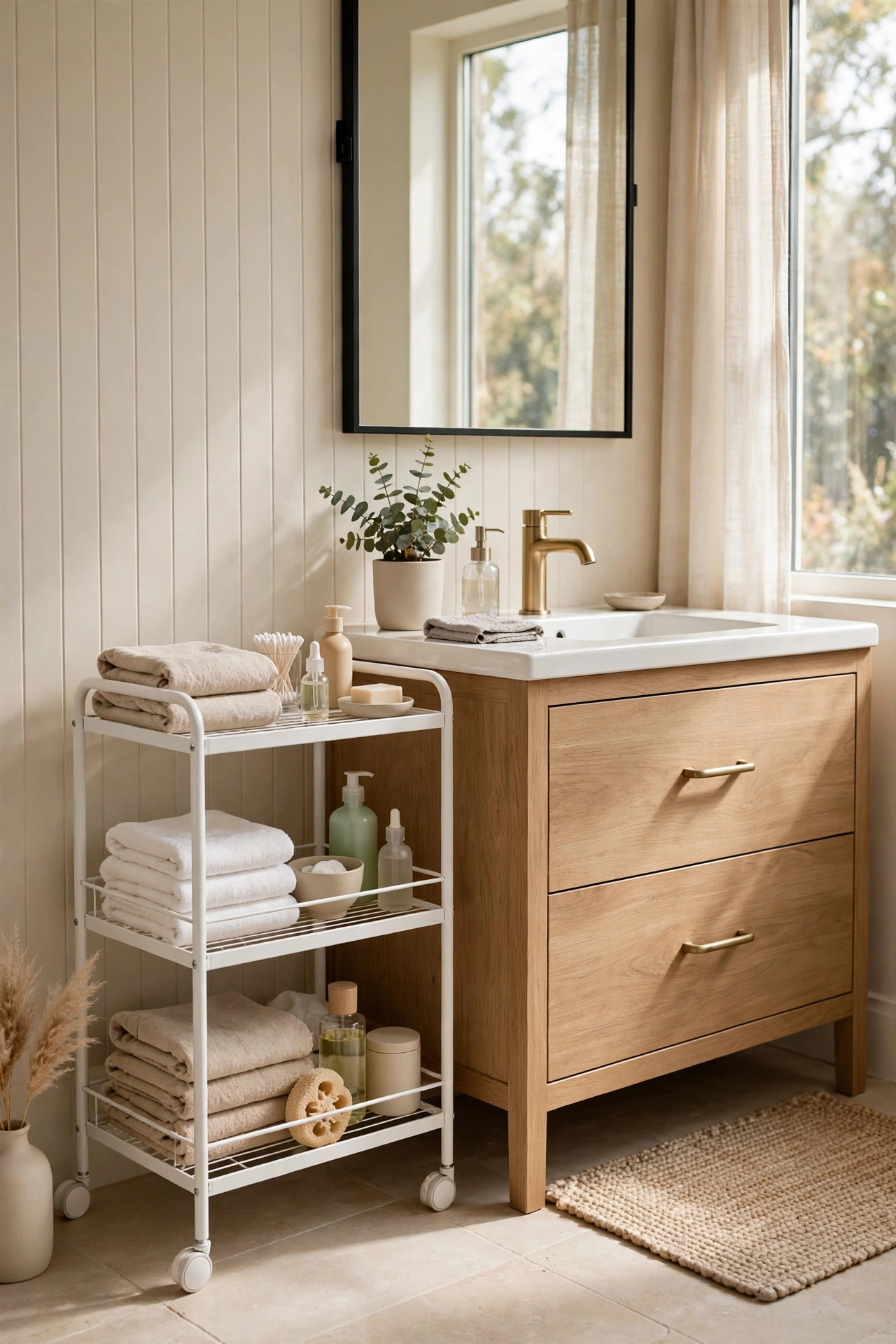 19 Rental Bathroom Ideas That Make It Feel Like Your Own 7 A slim three tier white rolling storage cart tucked beside a bathroom vanity holding folded towels and toiletries.