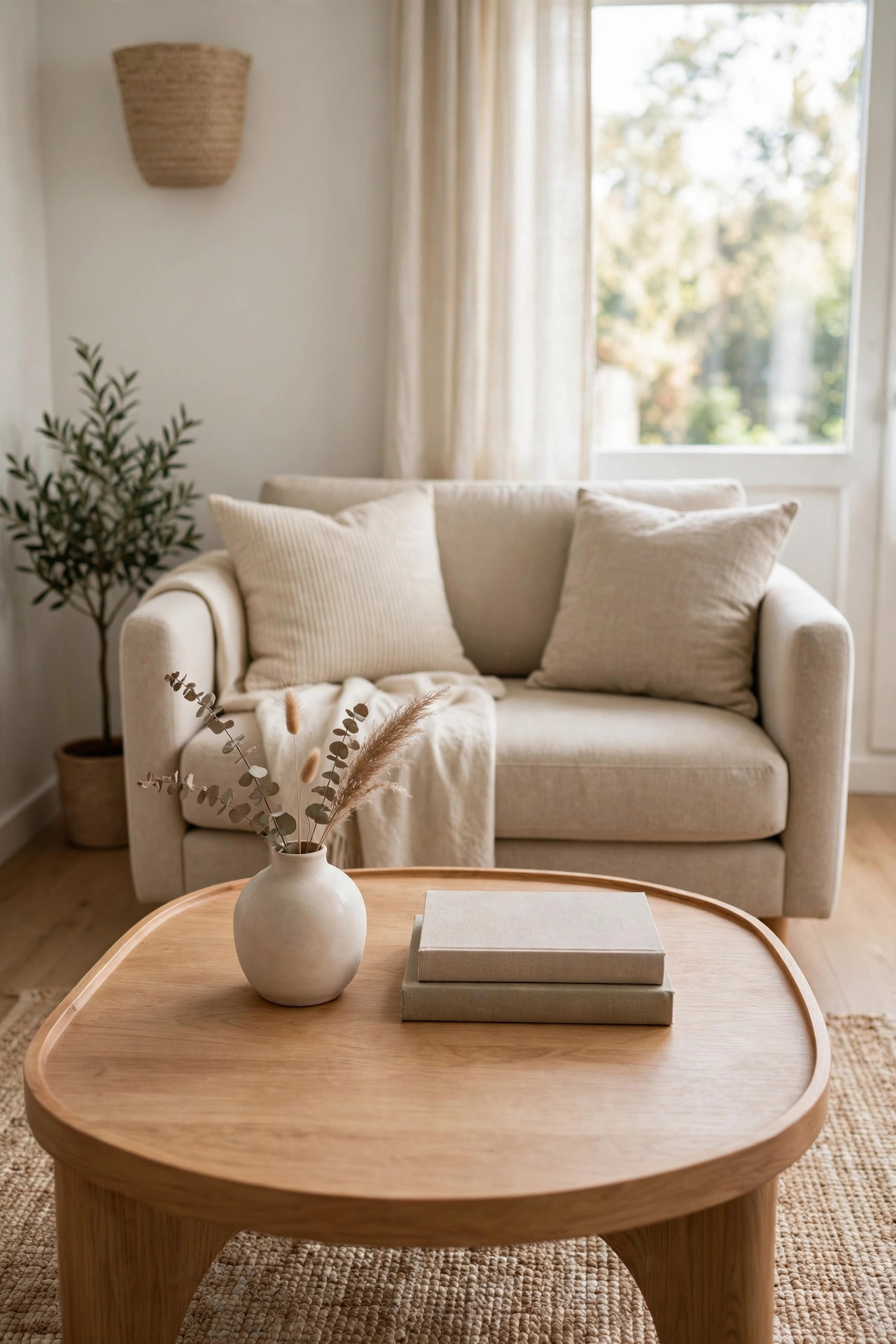 Round light oak coffee table styled with a ceramic vase and stacked books in front of a loveseat