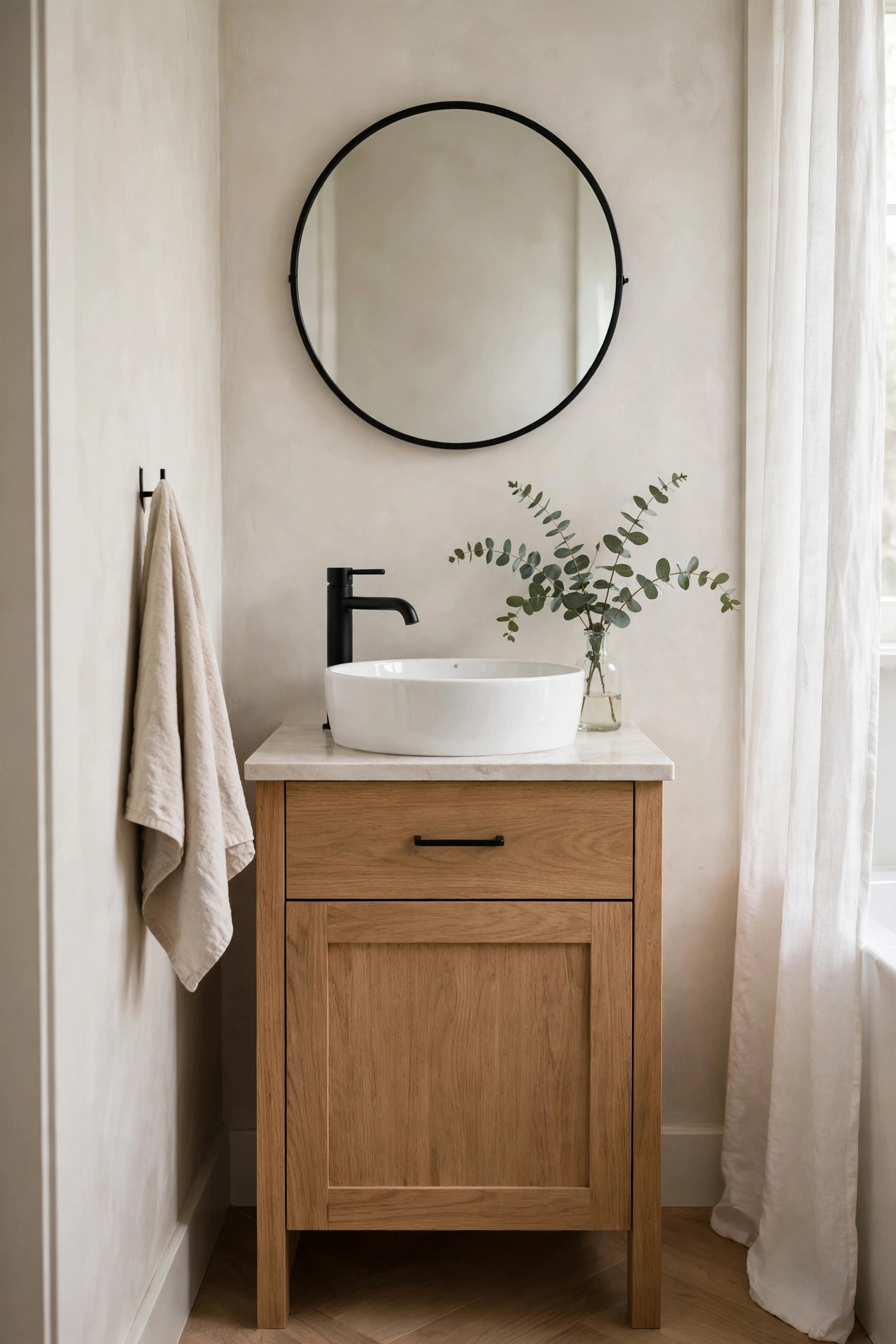 Round black-framed mirror above a small bathroom vanity with vessel sink.