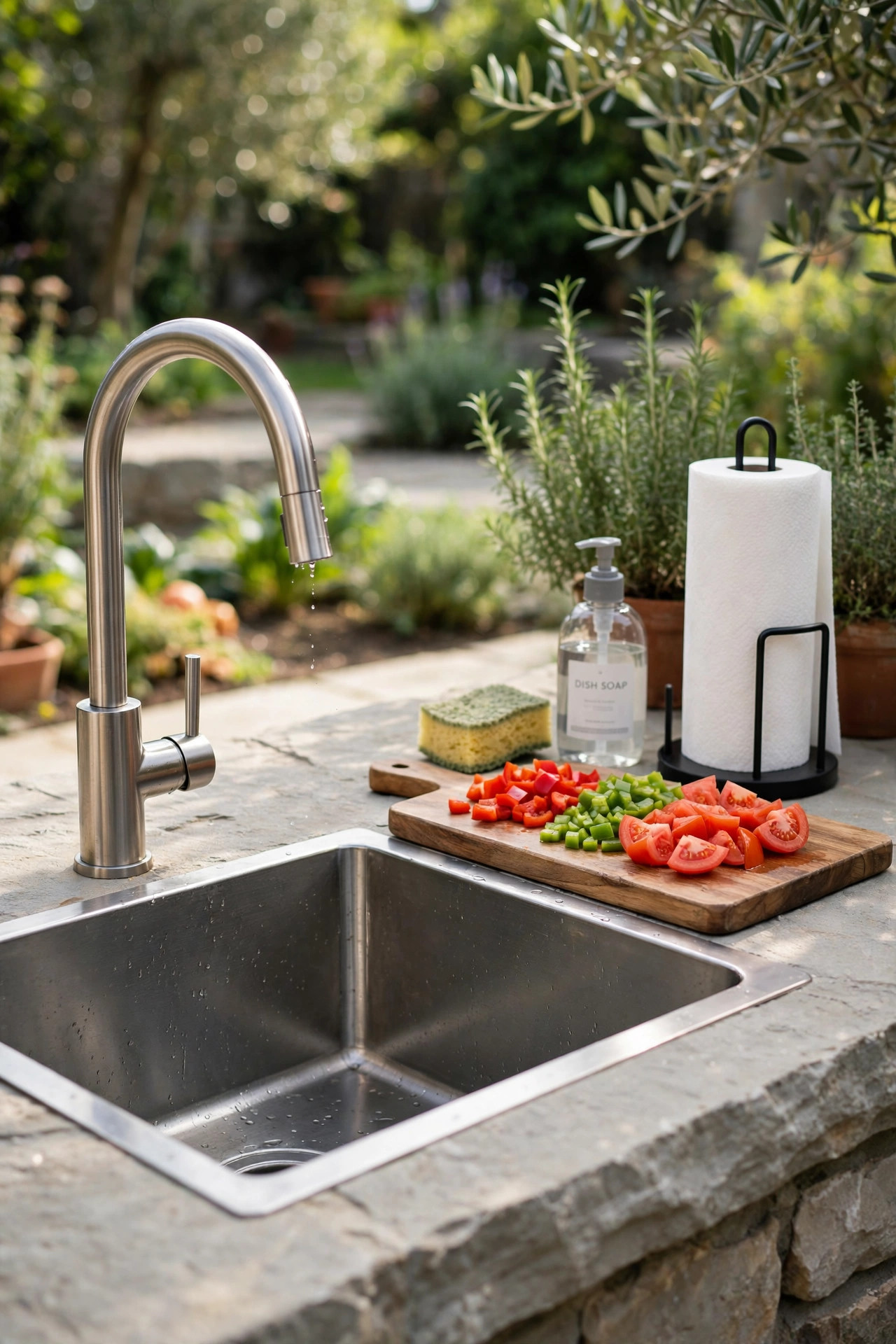 Stainless steel sink and prep counter with a cutting board of fresh vegetables