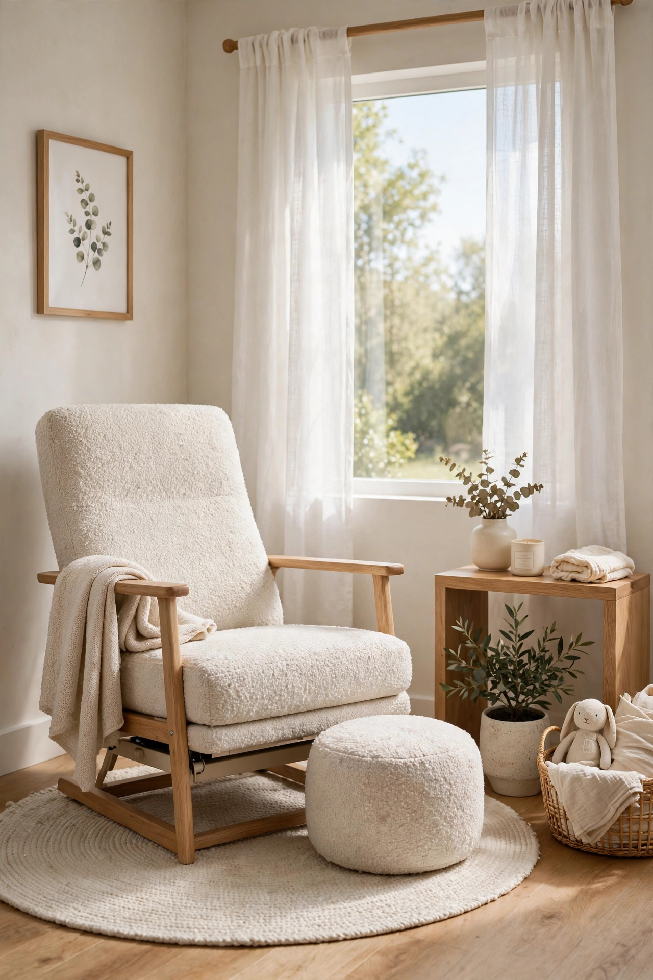 Slim oatmeal boucle glider chair with a small pouf in a nursery corner