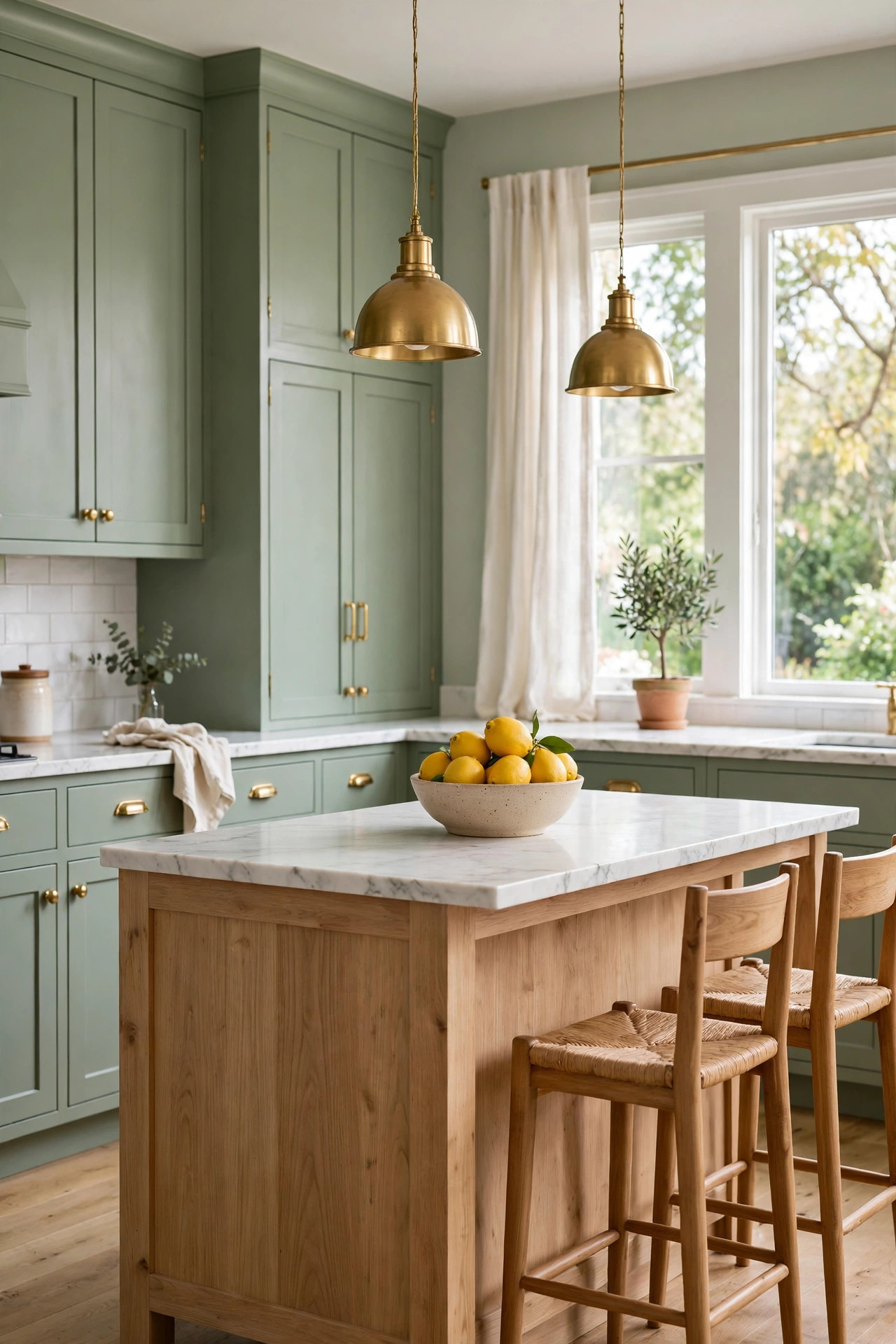 16 Earthy Paint Colors That Make a Home Feel Grounded 7 Kitchen with soft sage green cabinets, marble counters, an oak island, and brass pendant lights