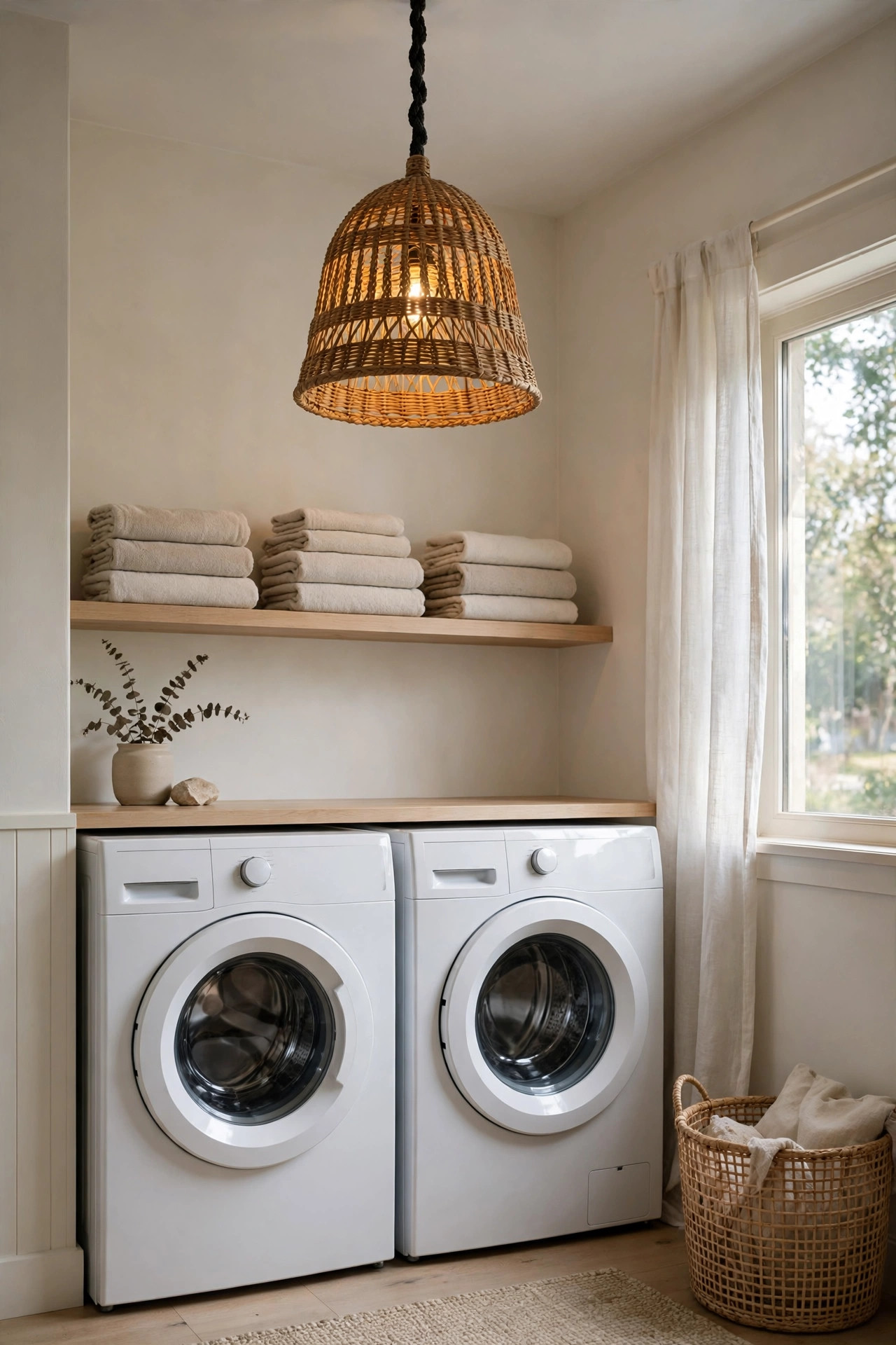Woven rattan pendant light glowing over white laundry machines in a small laundry room.