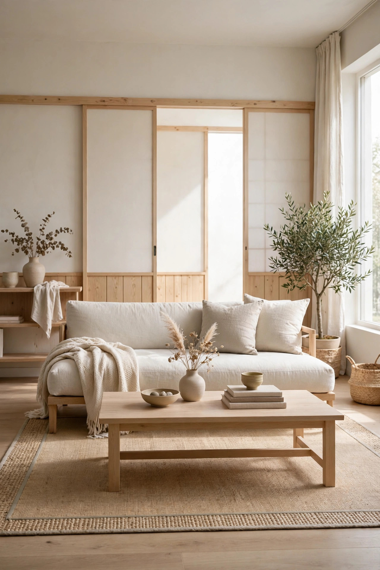 Tatami-inspired natural fiber rug under a low-profile sofa in a Japandi living room