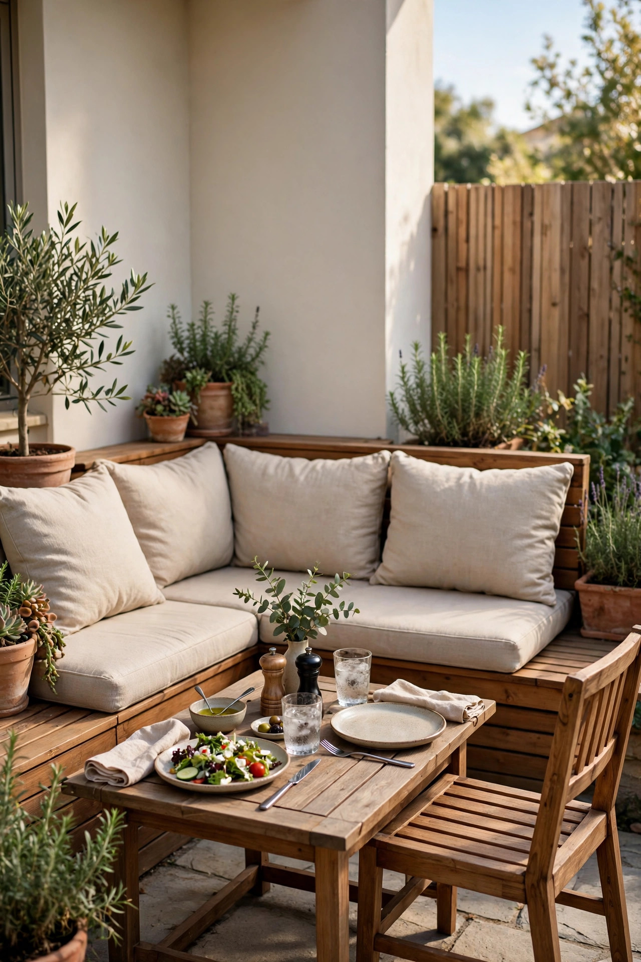 17 Outdoor Dining Ideas for Small Patios 7 L shaped wooden corner bench with beige cushions and a small square table set with plates on a patio