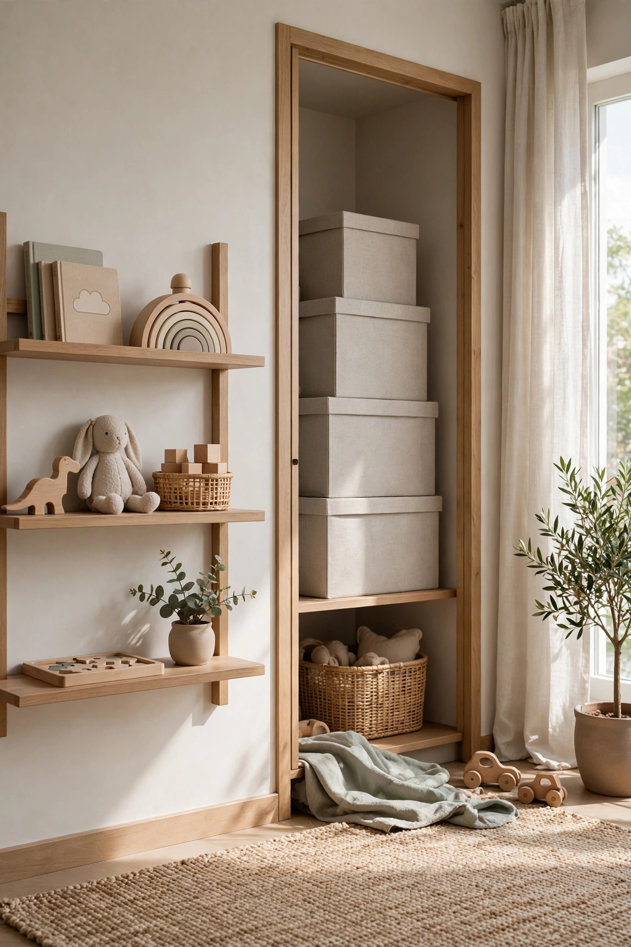 16 Playroom Ideas That Keep the Mess Contained 7 A calm edited shelf with a few selected toys and labeled storage boxes stacked in a nearby closet.