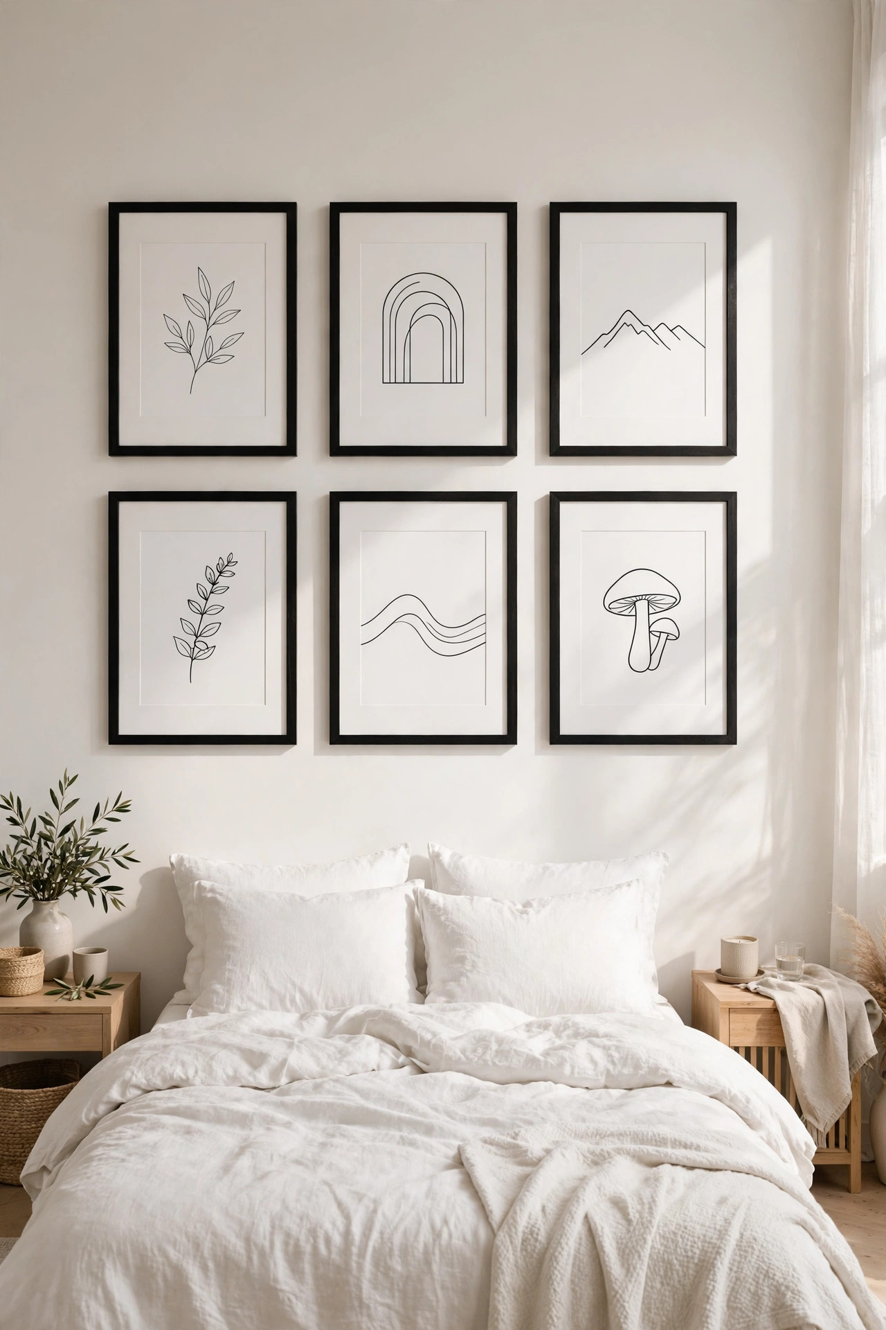 15 Gallery Wall Ideas That Look Curated, Not Cluttered 7 Black frames with white mats display simple art prints on a bright bedroom wall above white bedding.