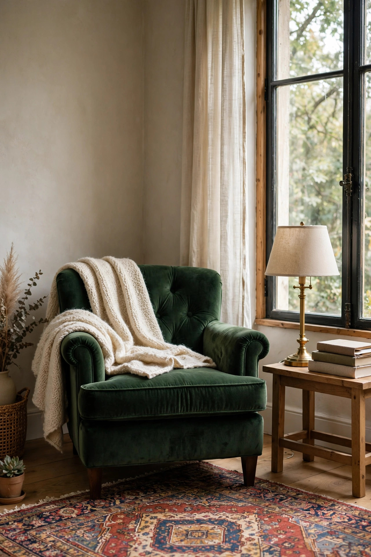21 Dark Academia Room Decor Ideas That Feel Like an Old Library 7 Deep green velvet armchair in a bedroom corner by a tall window with wool throw