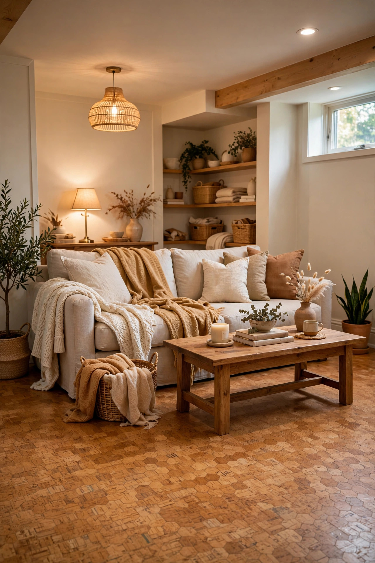 Warm cork tile flooring under a cozy seating area in a bright basement family room.
